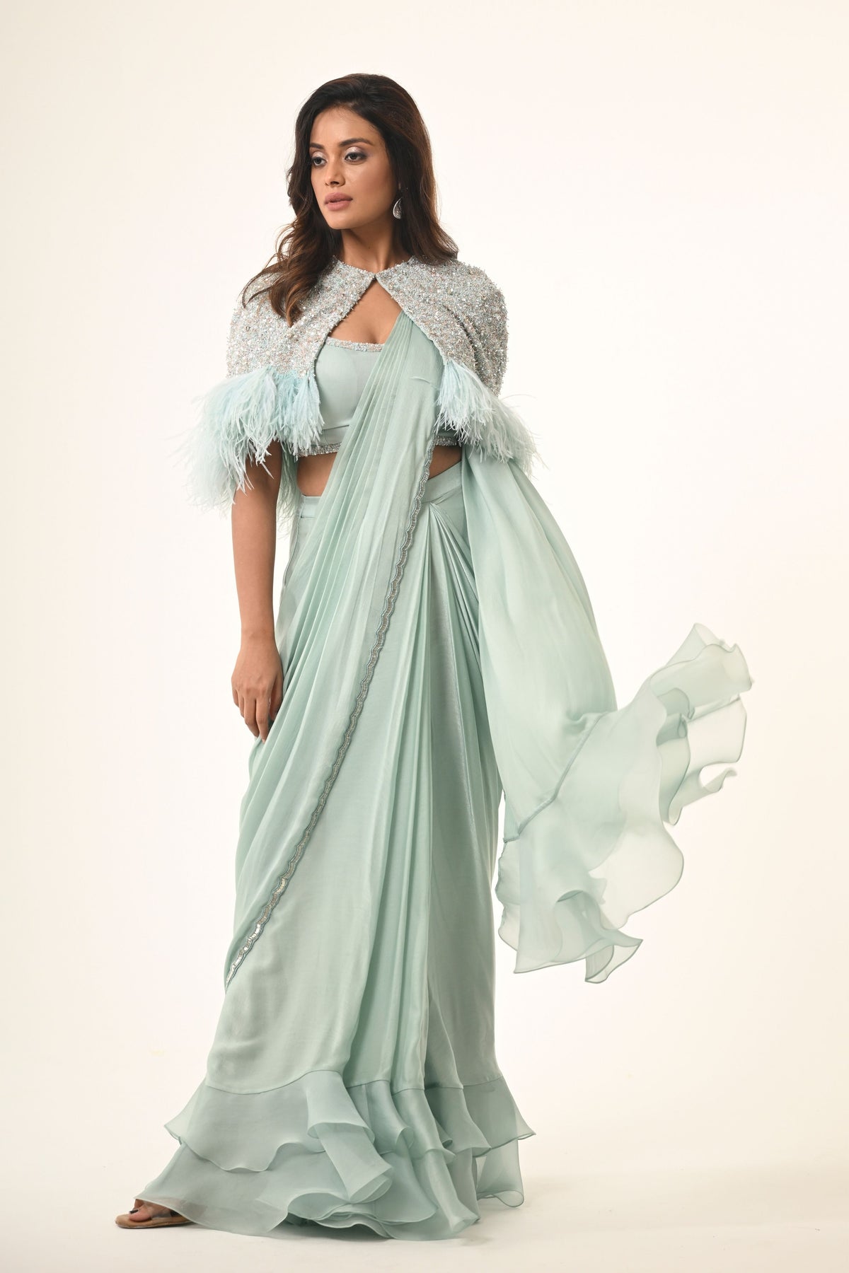 Ethereal Feather Cape Saree Set