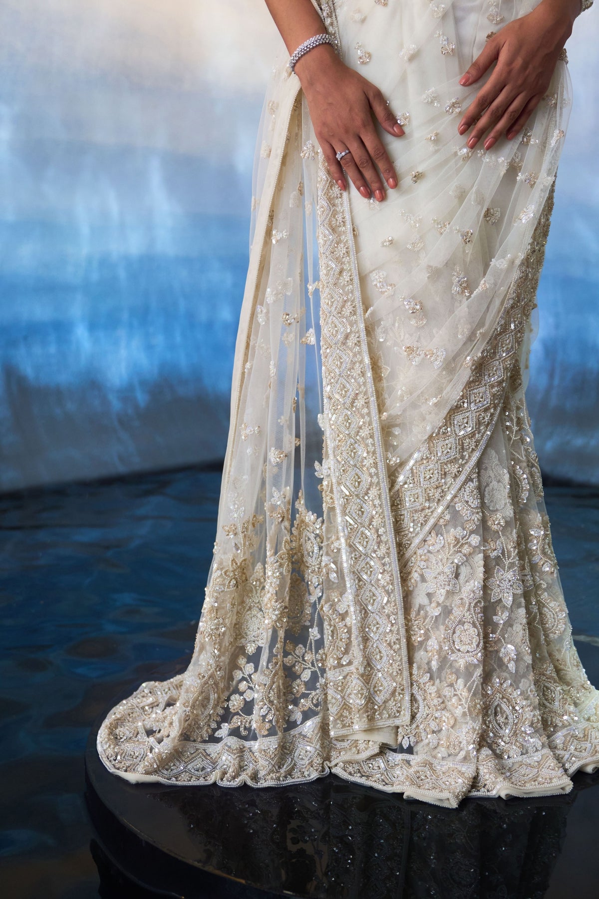 Ivory Embroidered Saree Set