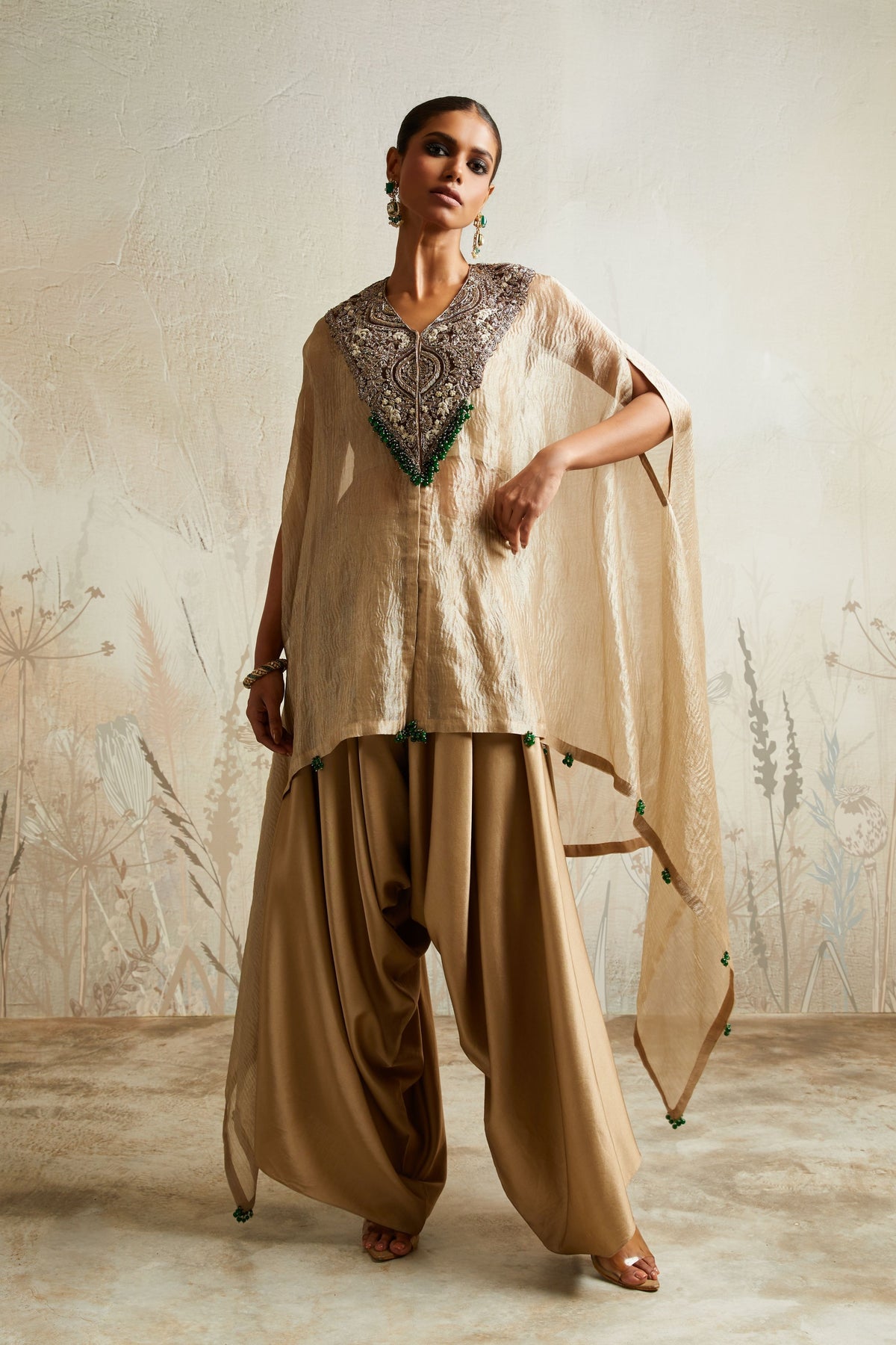 Brown Yoke Crushed V Kaftan Set