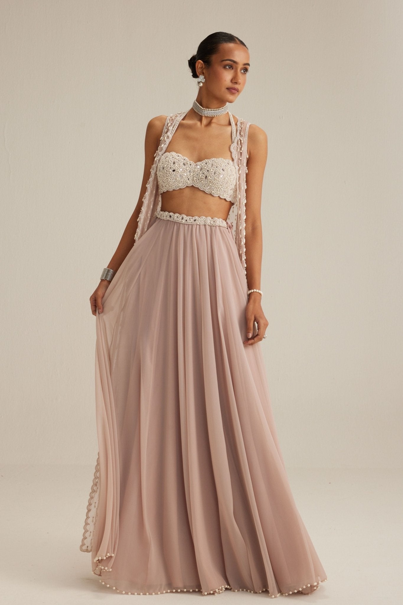 Ash Pink Pearl Drop Jacket Skirt Set - Vvani by Vani Vats - Elahe