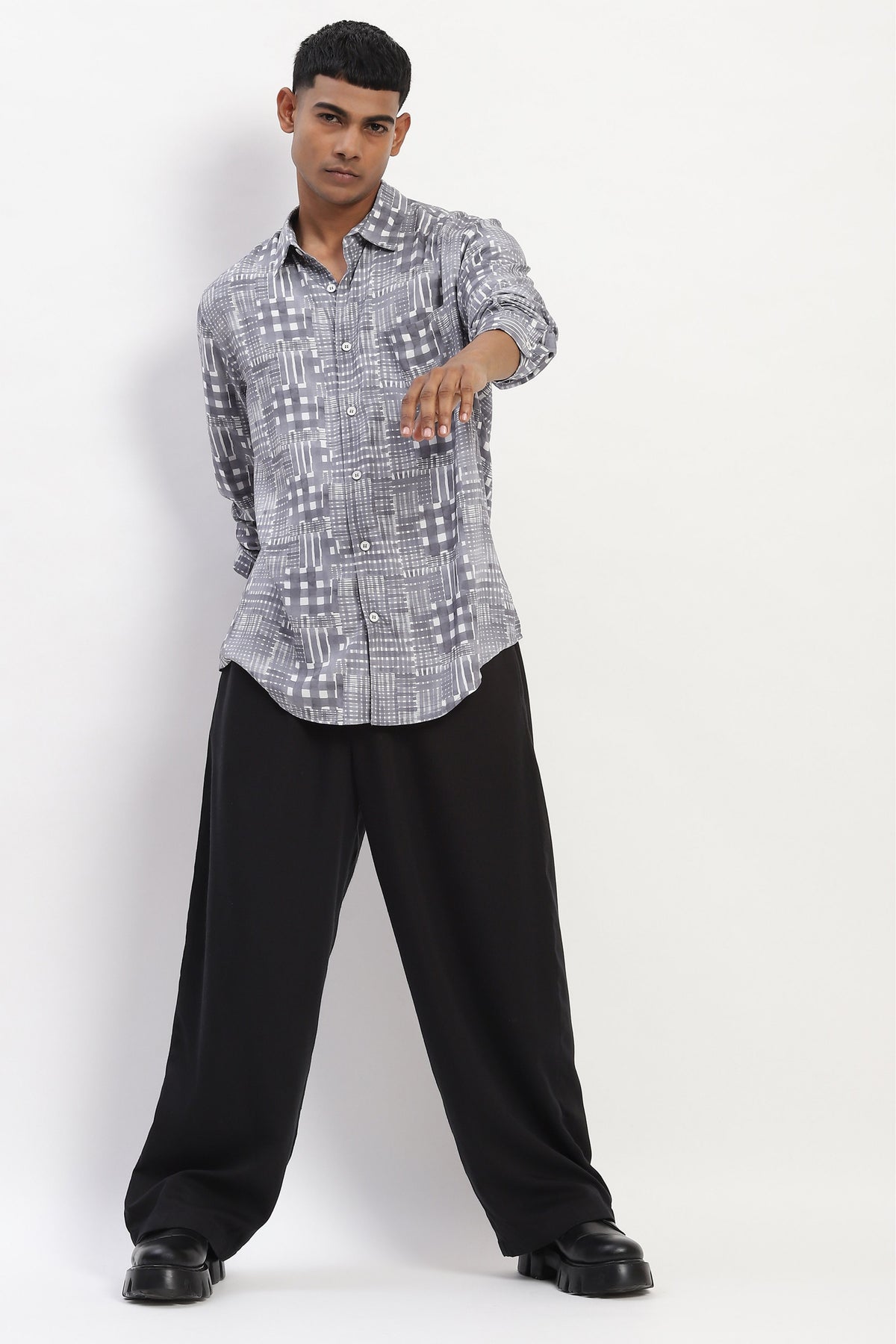 Grey Handpainted Checks Shirt