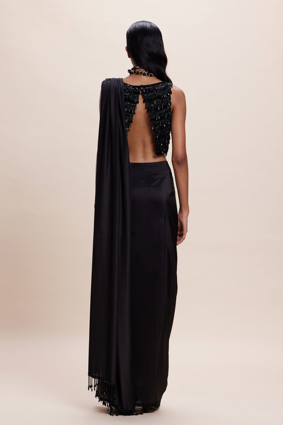 Black Embellished Draped Saree Set