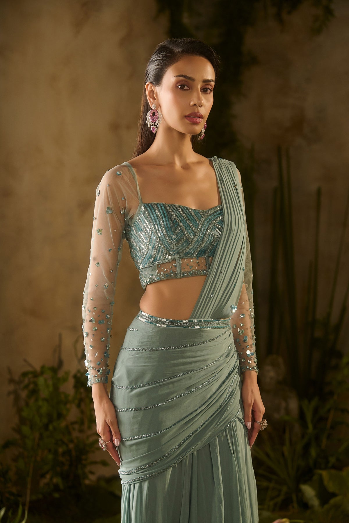 Sea Green Draped Saree Set