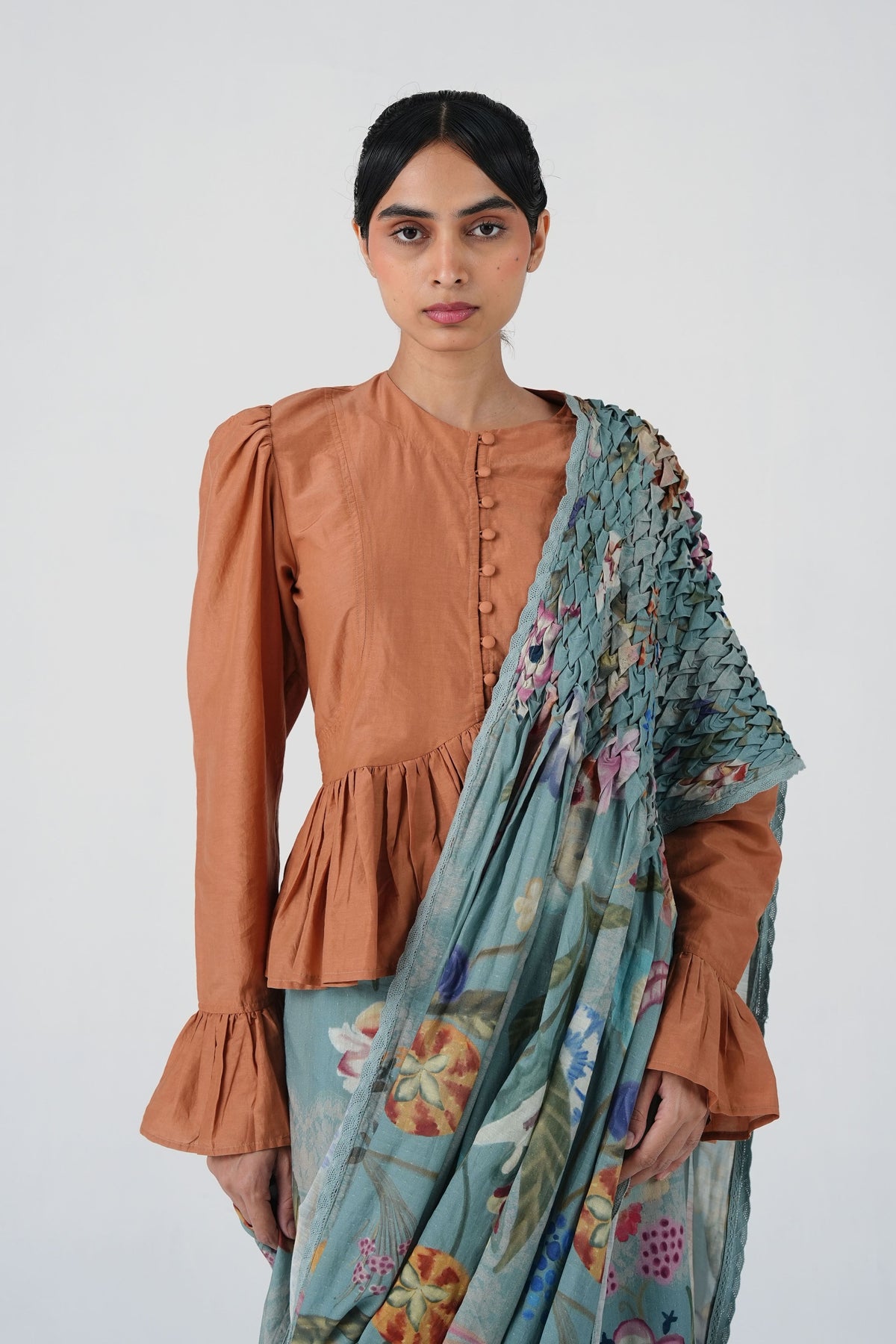 Smocked Blue Floral Saree