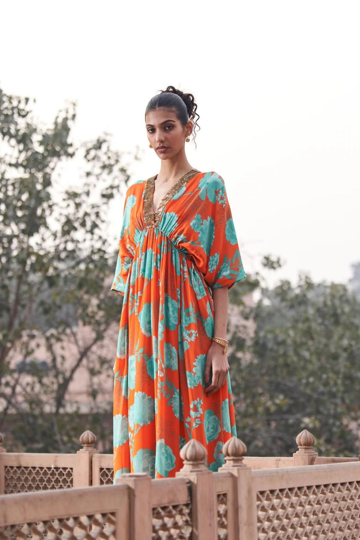Orange Moroccan Neck Sequin Kaftan