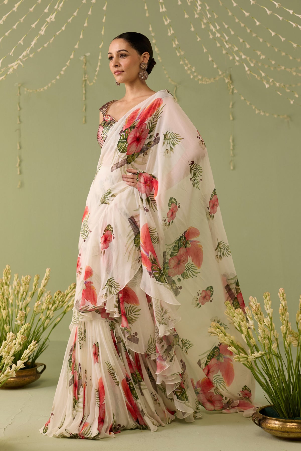White Draped Saree Set