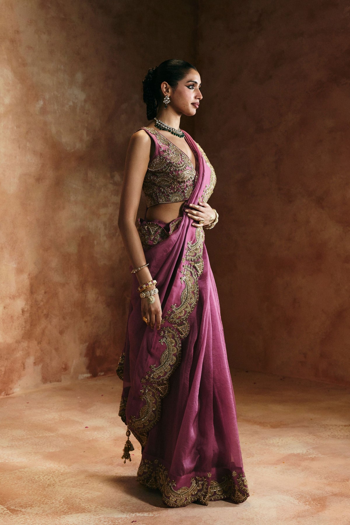 Peach Gold Sindh Zardozi Saree Set
