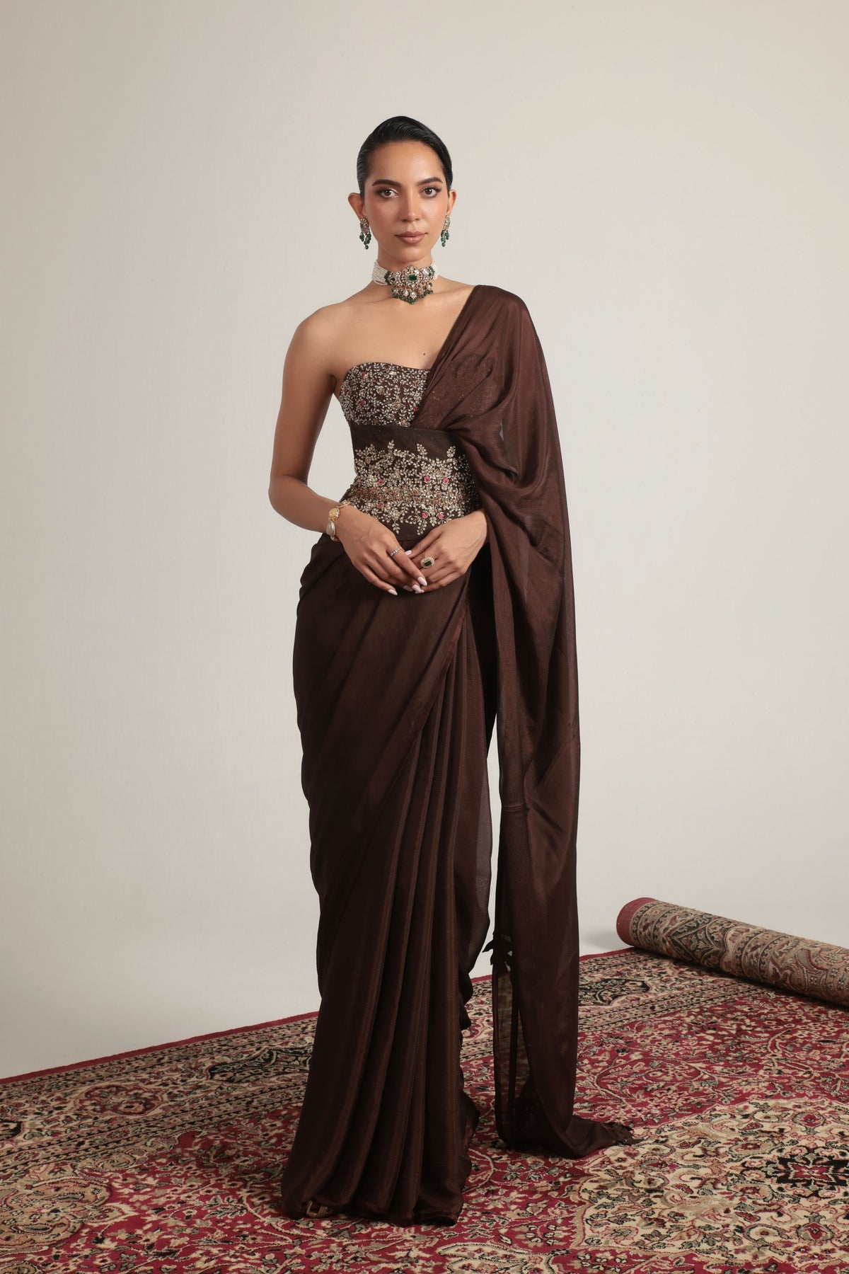 Brown Double Corset Saree Set