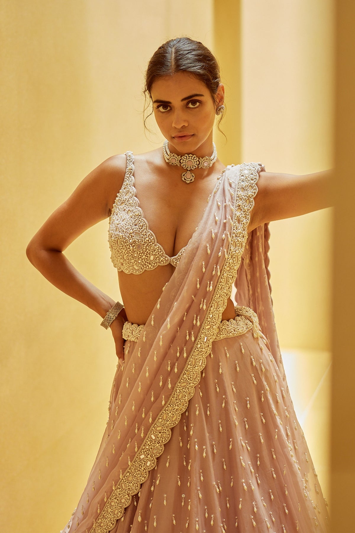 Ash Pink Pearl Drop Lehenga Set