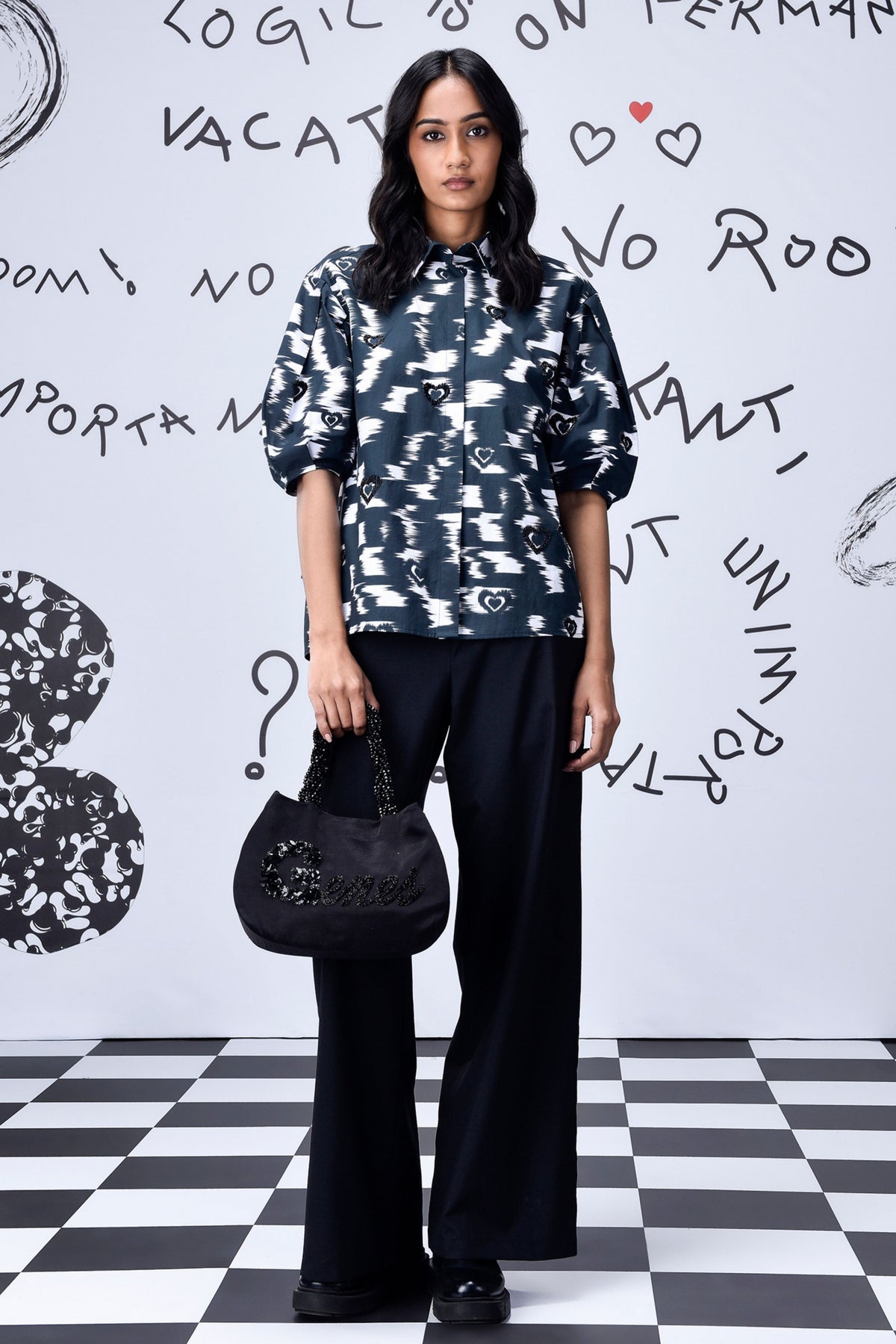 Ikkat Print Top  Black