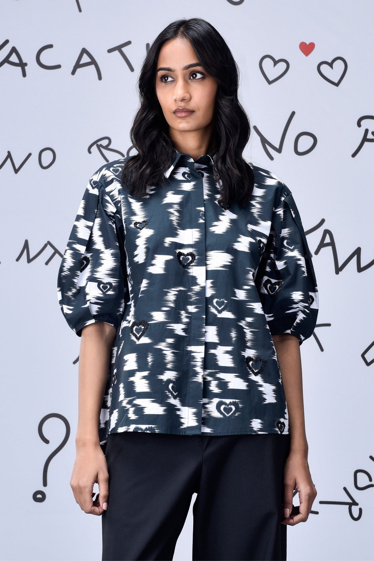 Ikkat Print Top  Black