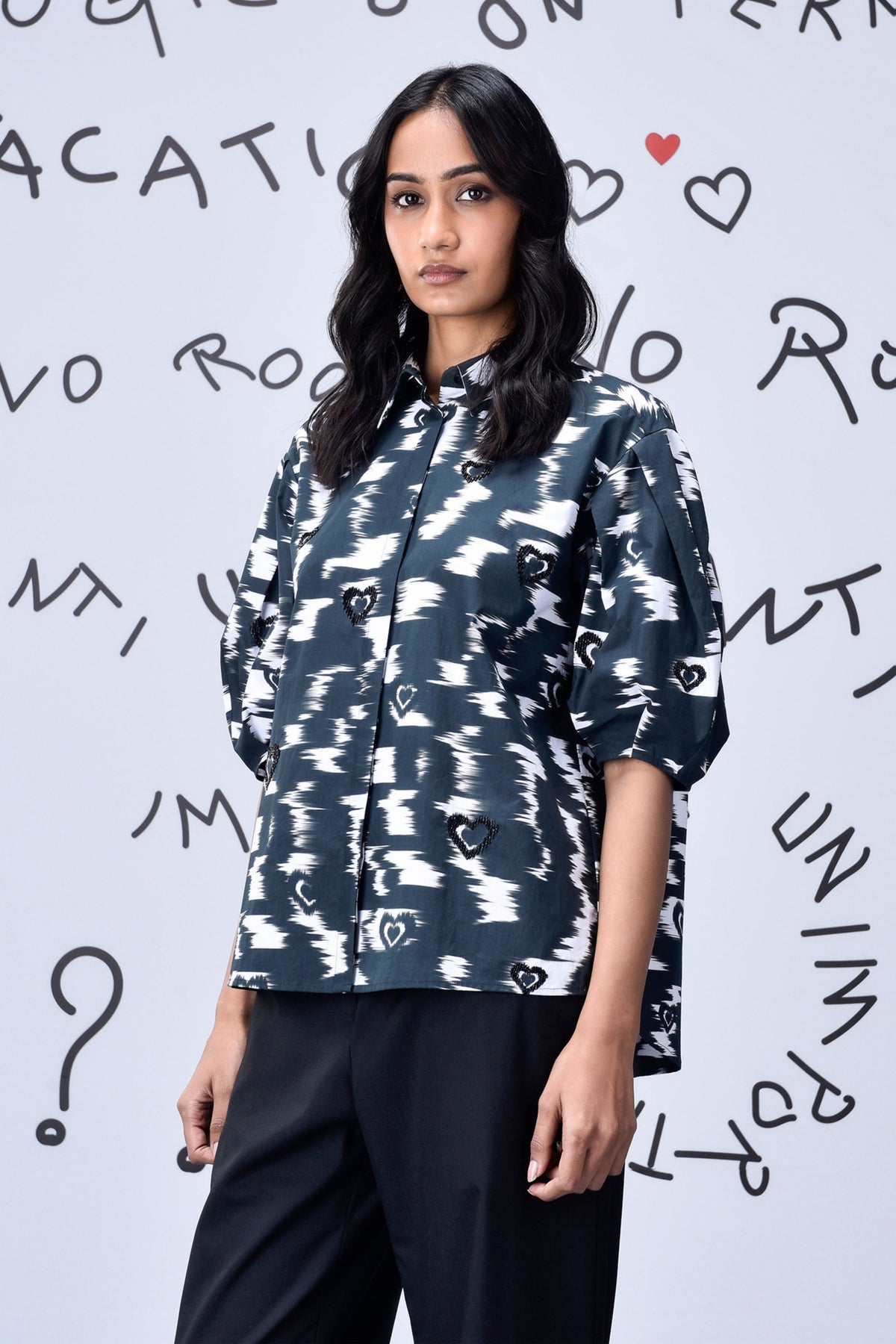 Ikkat Print Top  Black