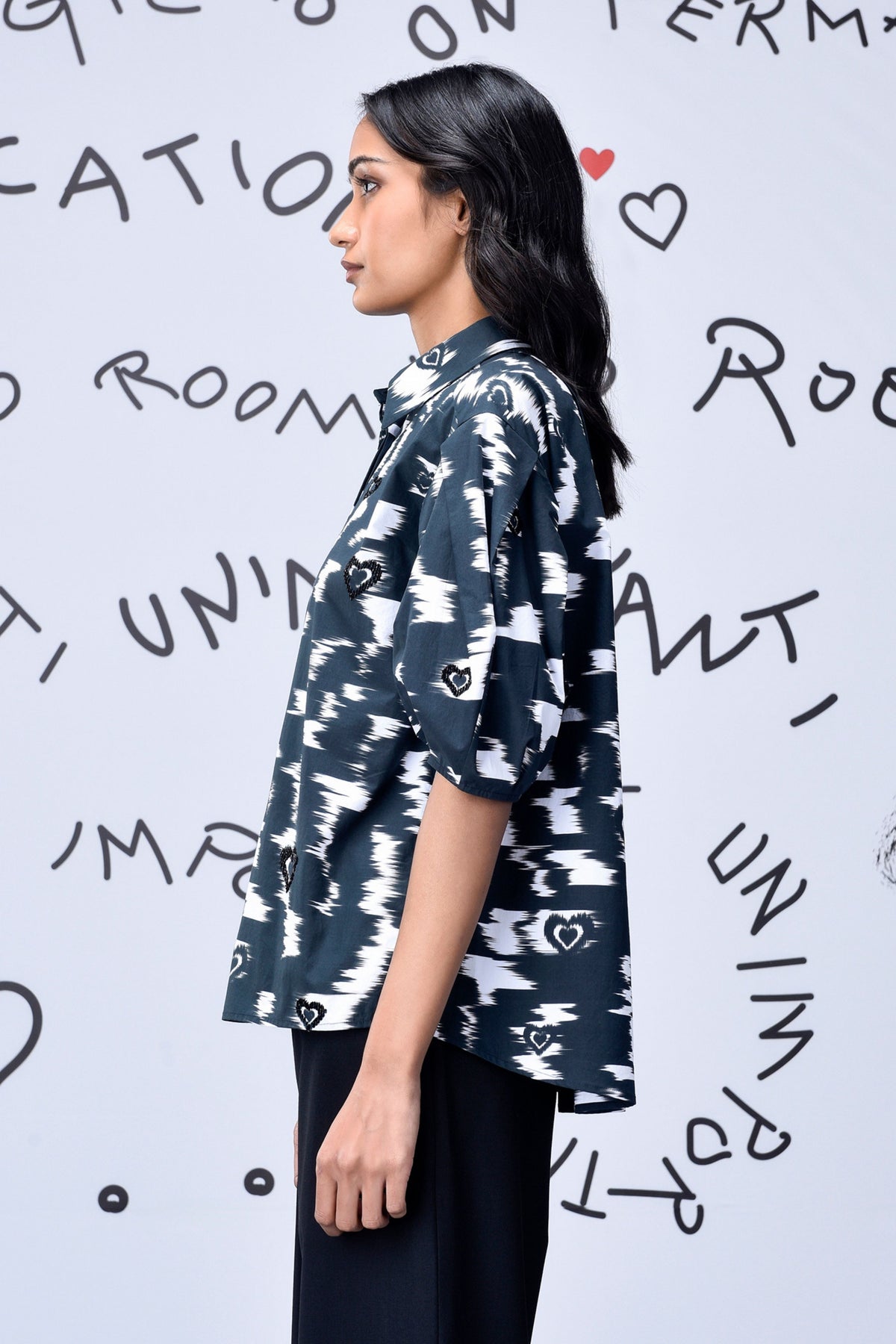 Ikkat Print Top  Black
