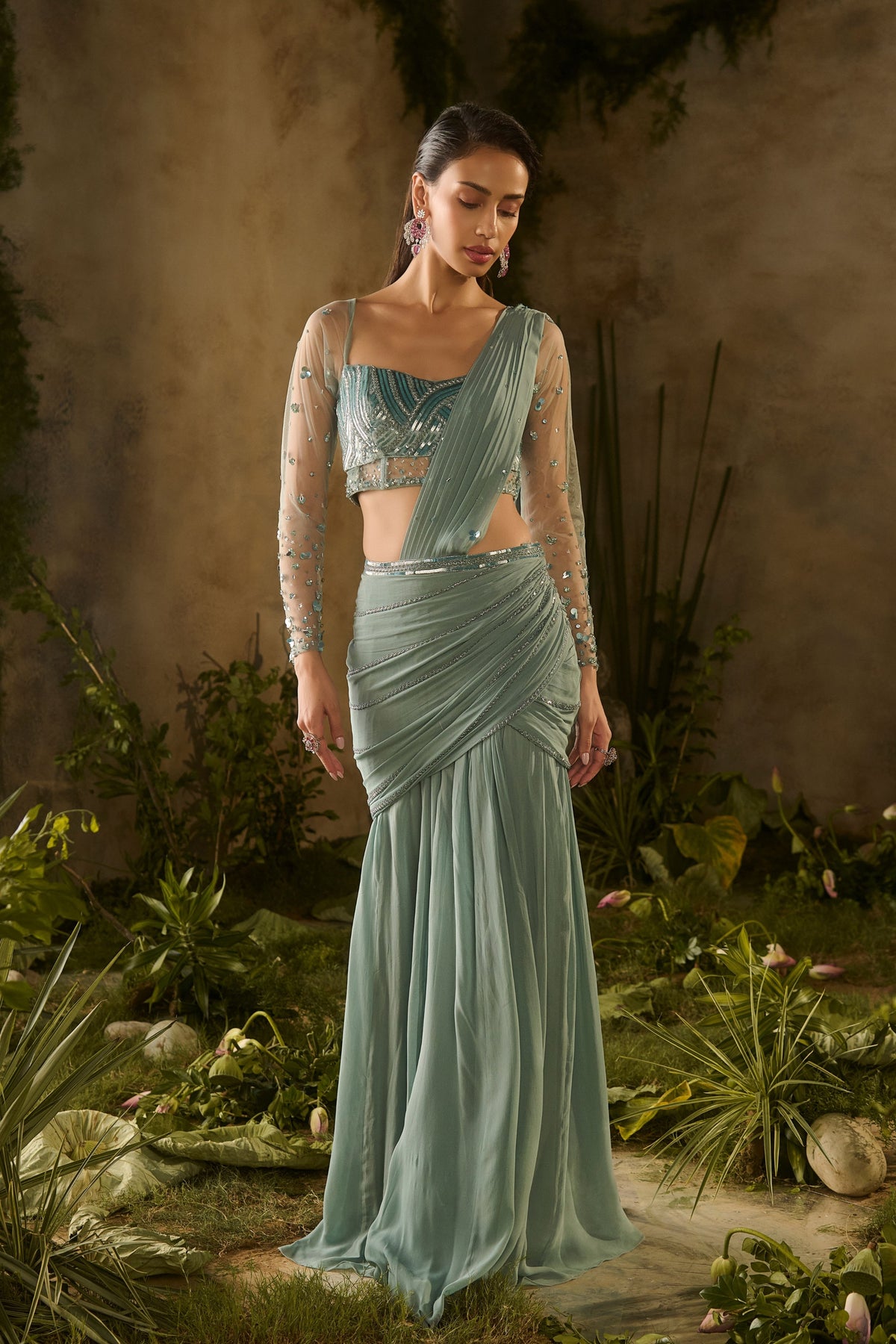 Sea Green Draped Saree Set