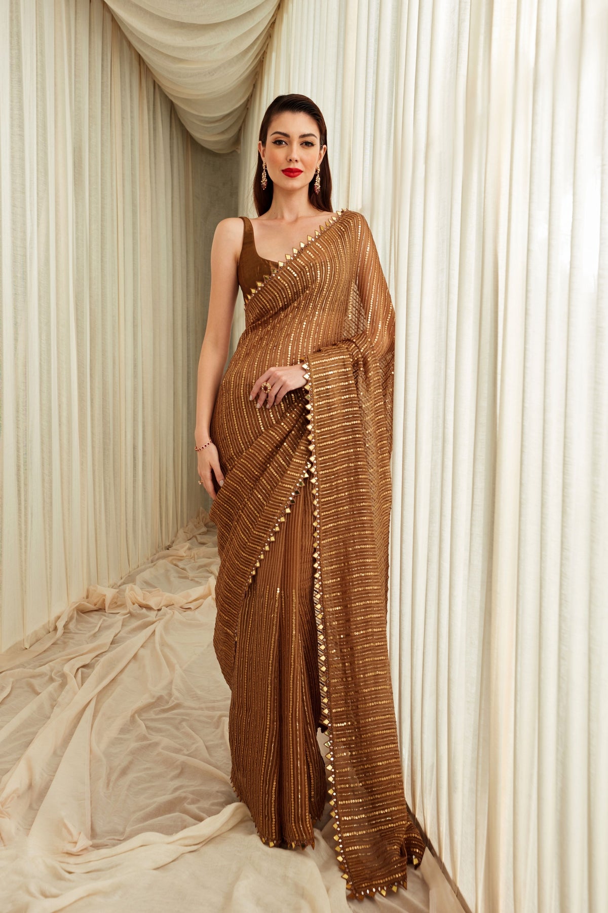 Dark Gold Organza Saree Set