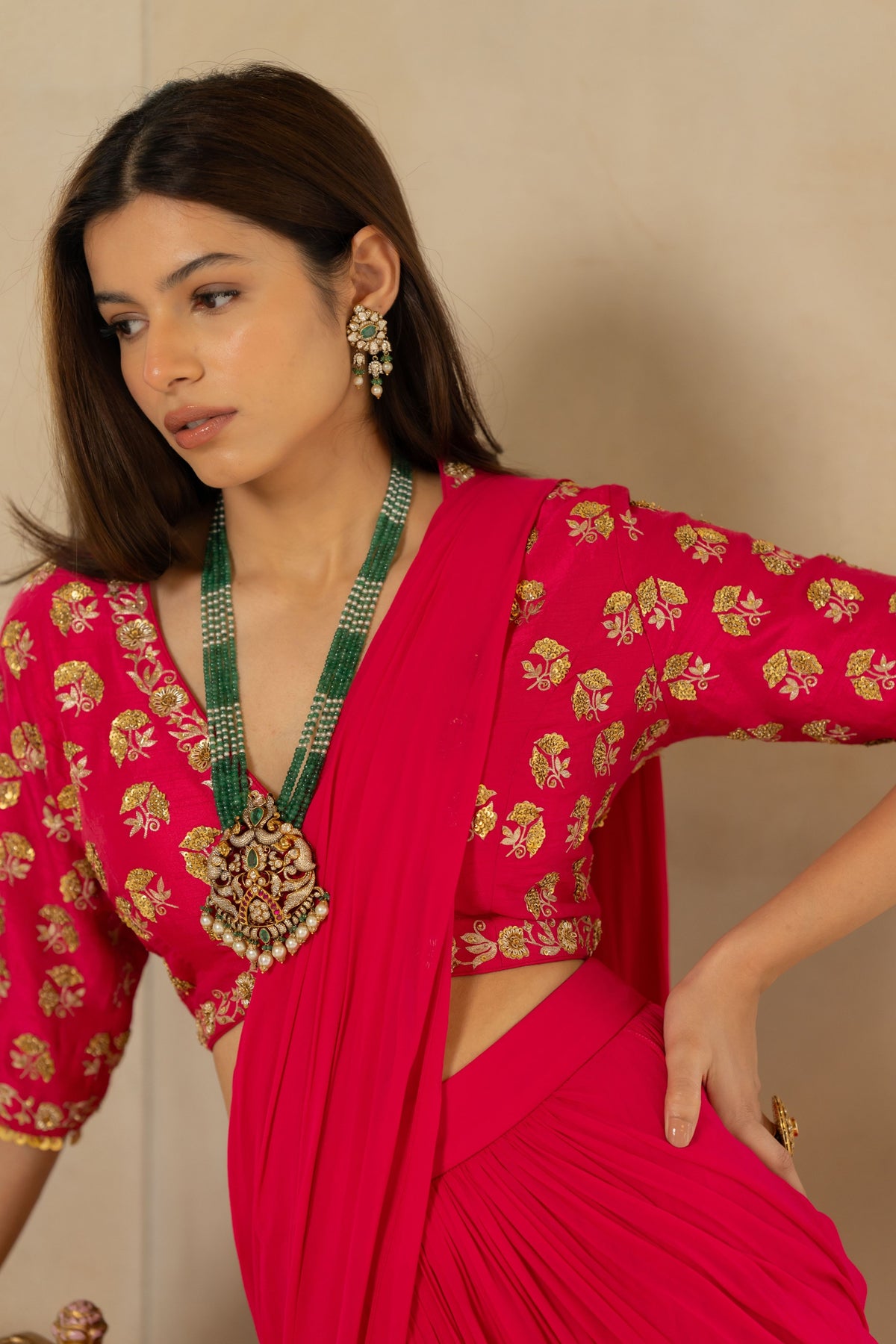 Rani Pink Antique Embroidered Sari Set