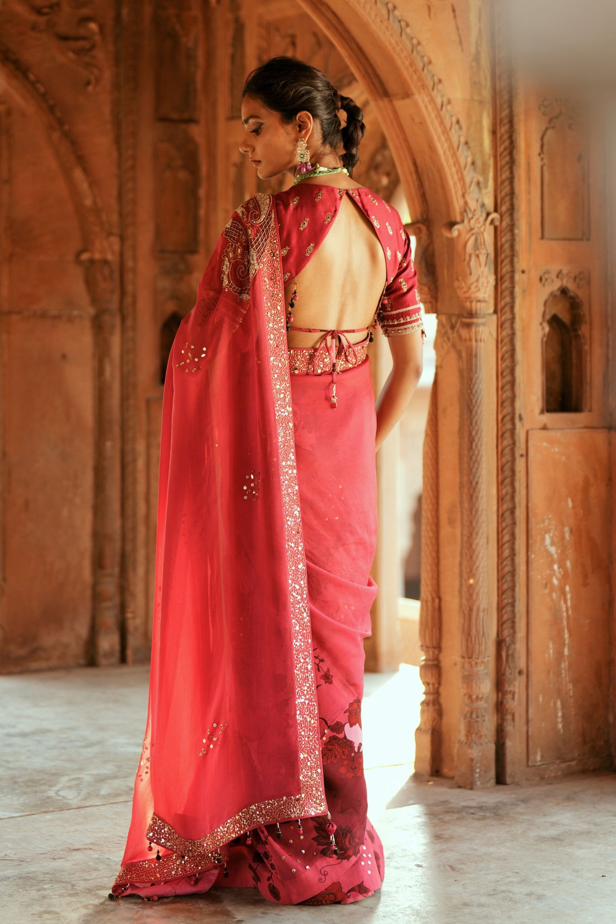 Pink Organza Embroidered Saree Set