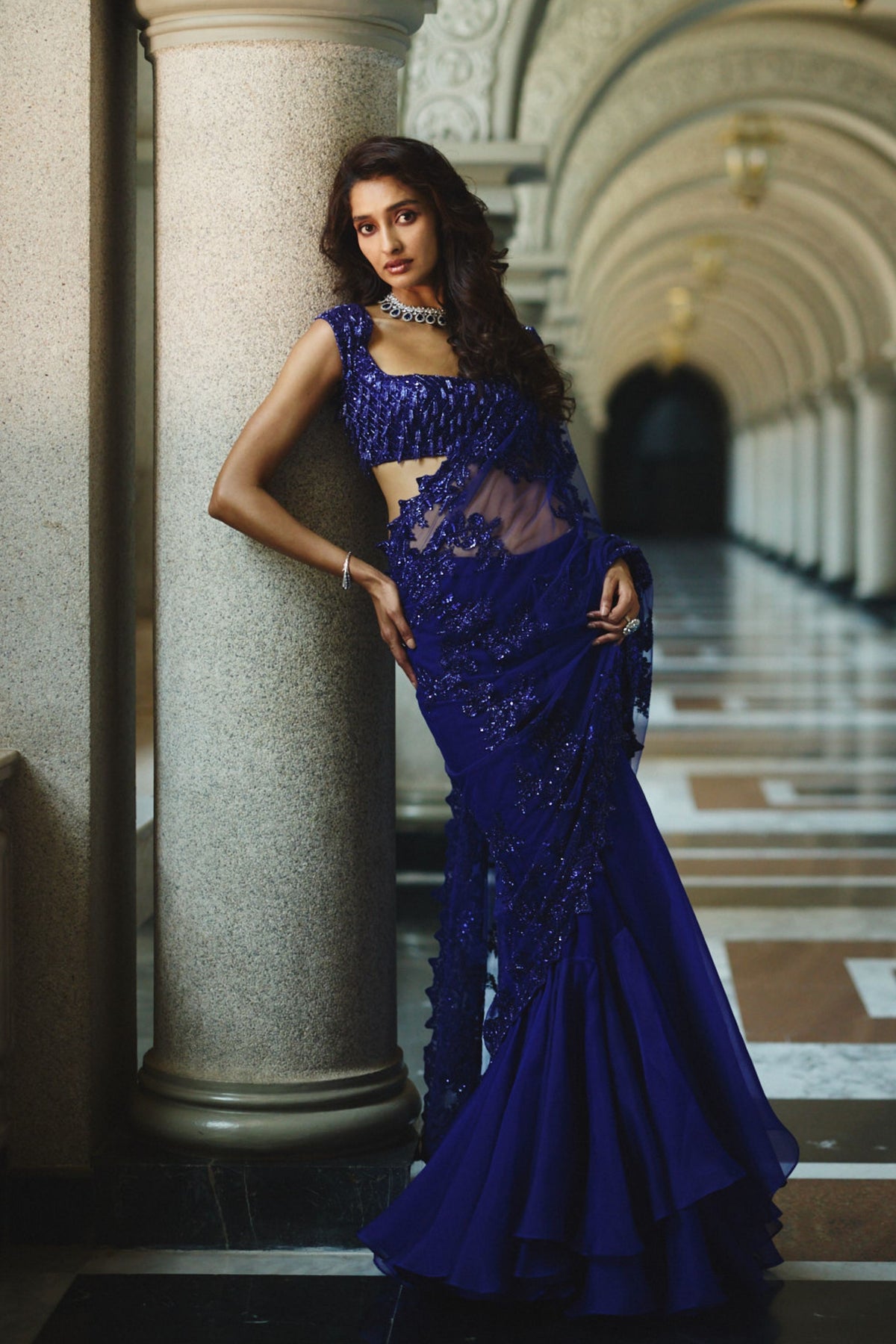 Ink Blue Draped Saree Set