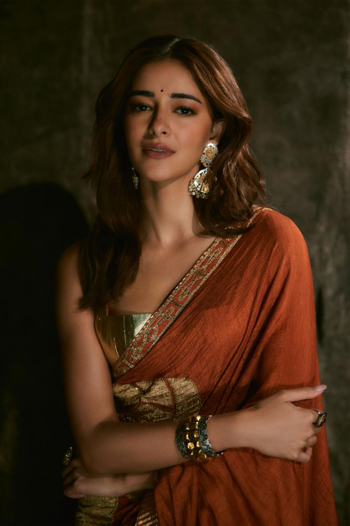 Ananya Panday in Rust Windrose Crushed Saree