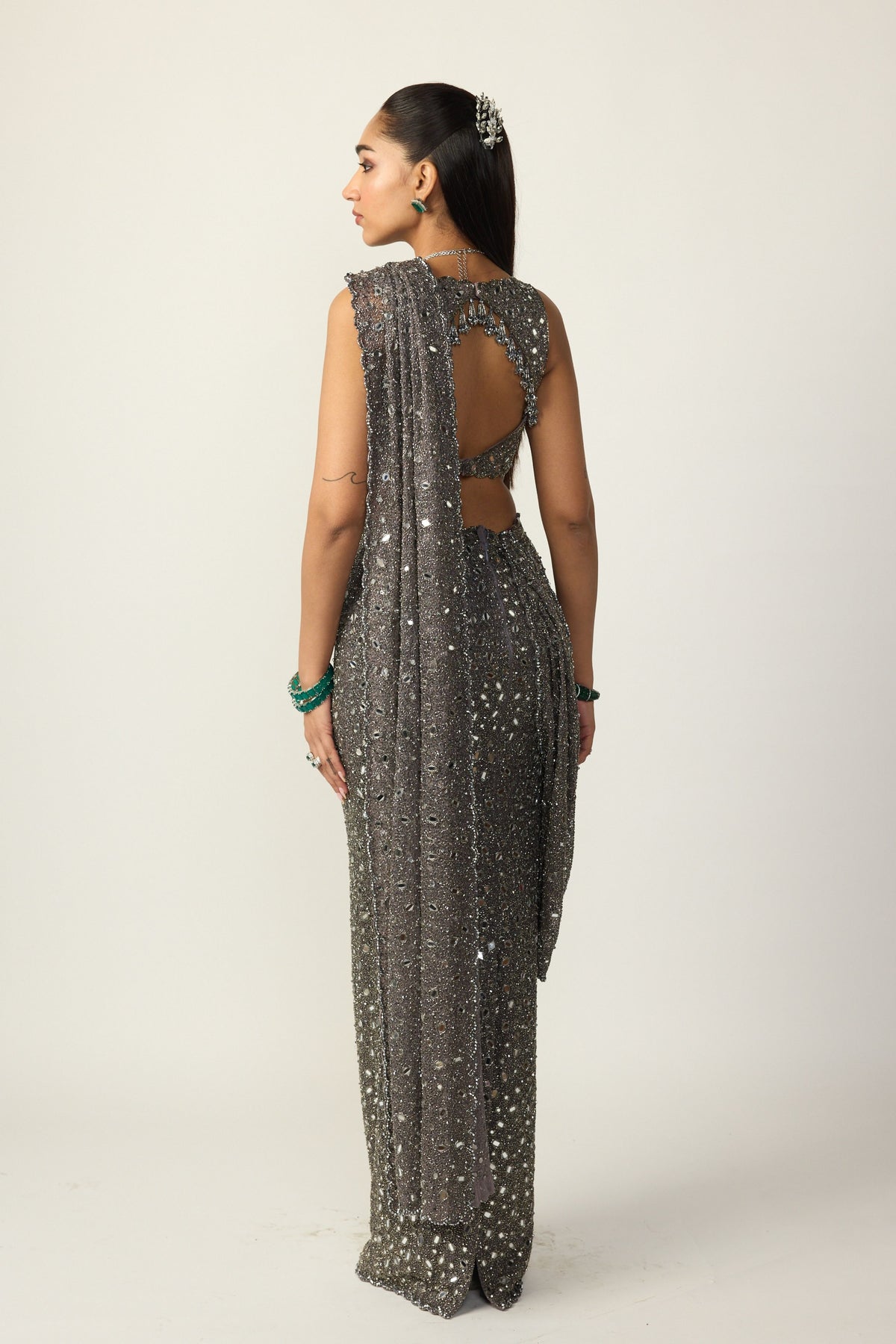 Metallic Grey Draped Saree Set