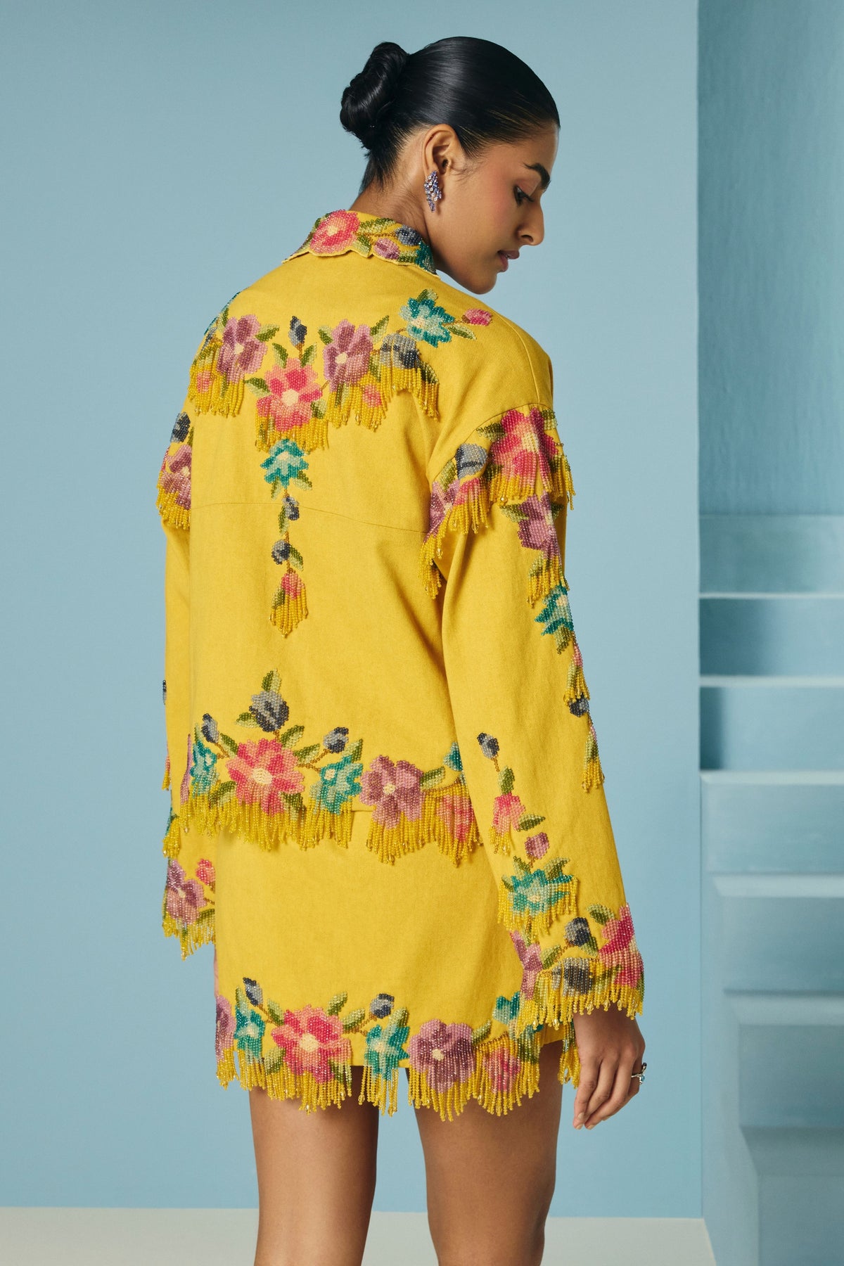 Mustard Floral Beaded Fringe Skirt