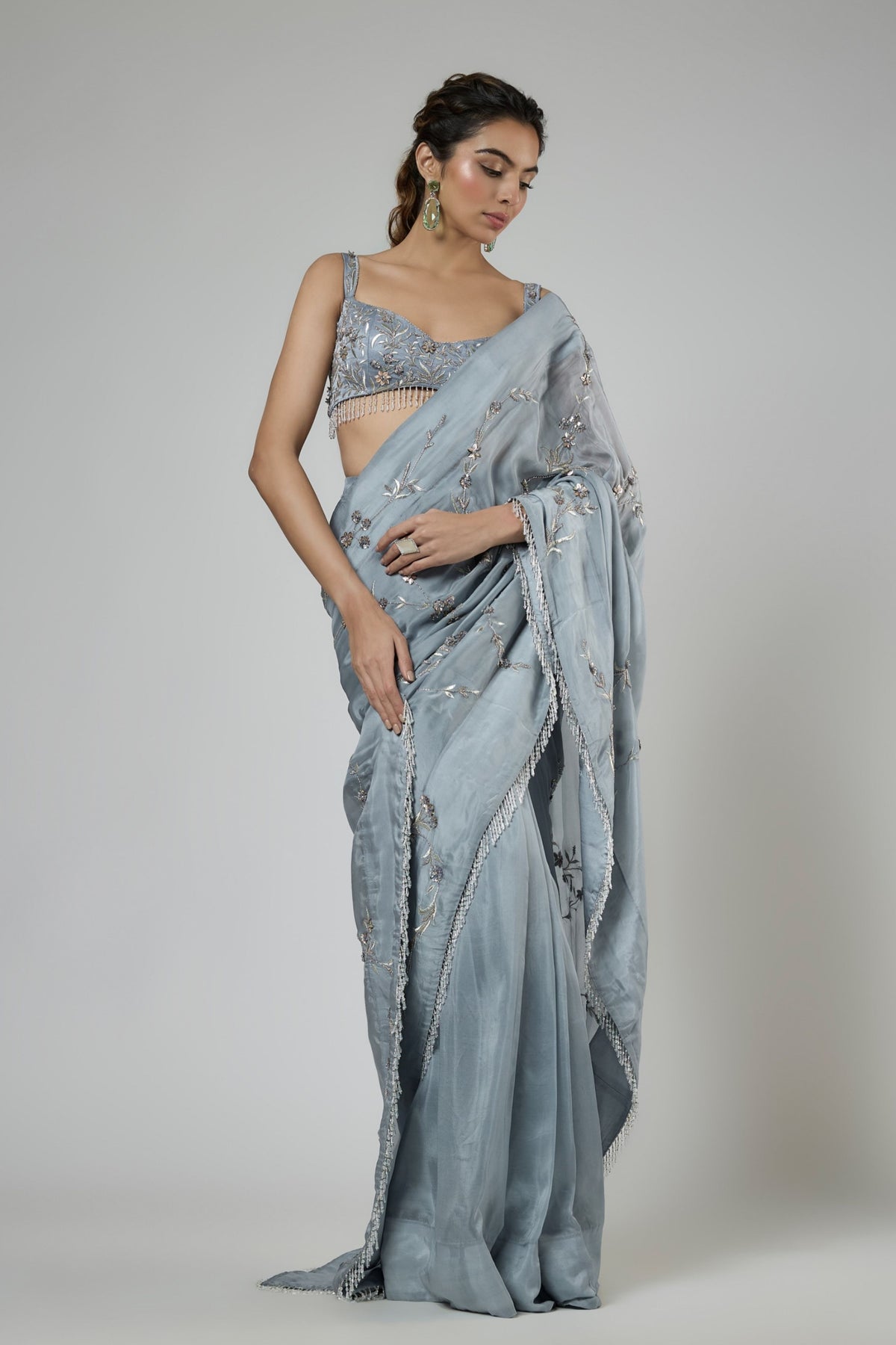 Periwinkle Floral Draped Saree Set