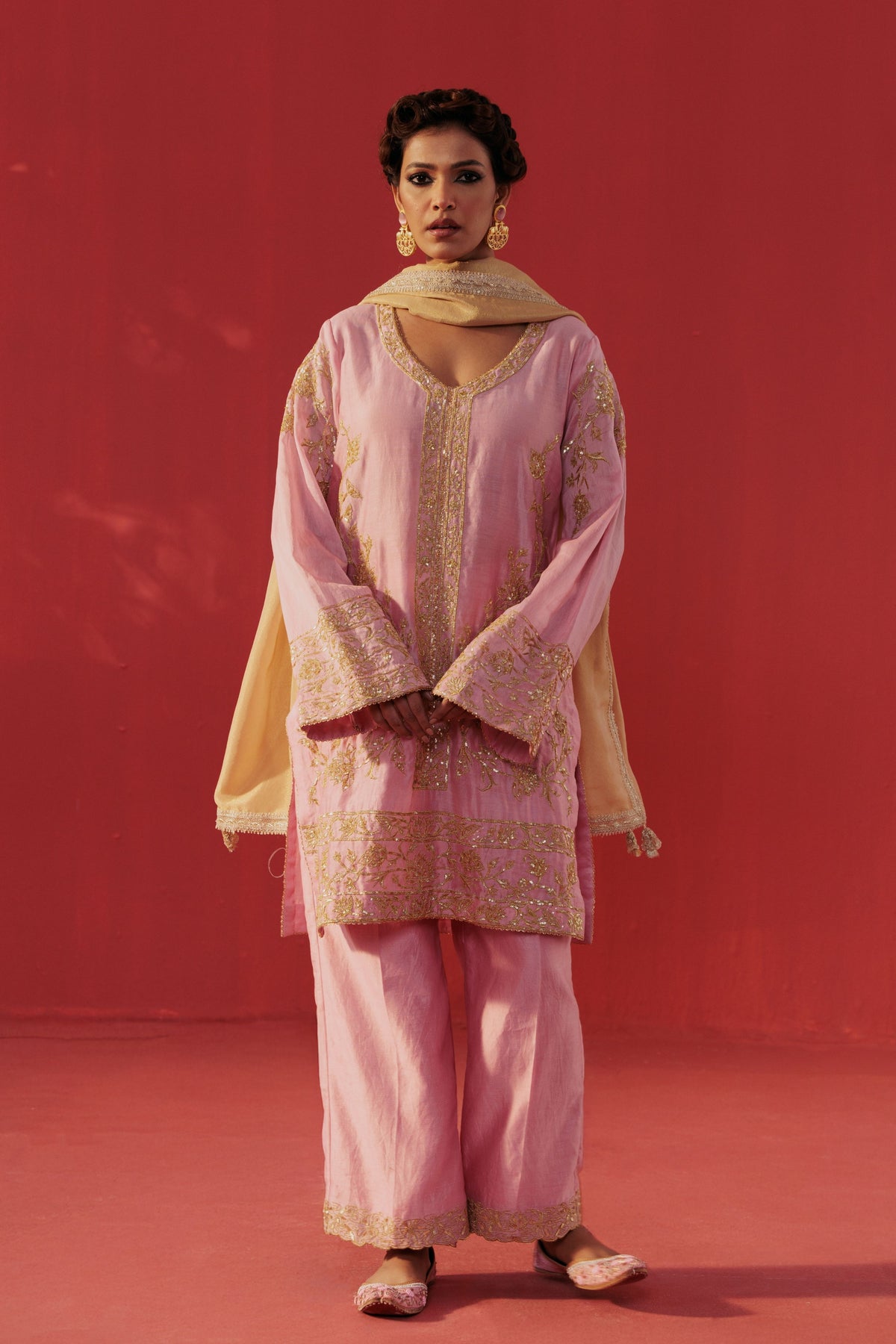 Pink Chanderi Short Kurta Set