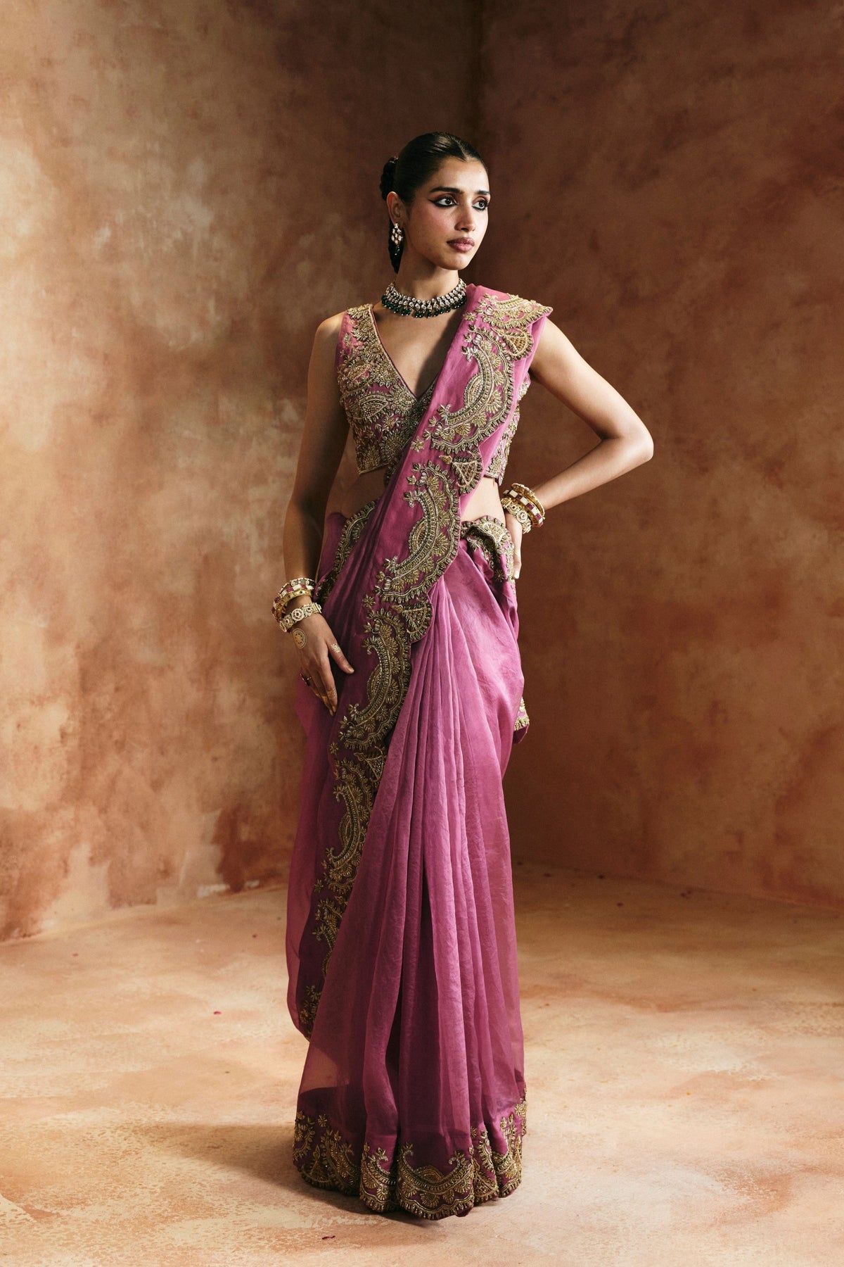 Peach Gold Sindh Zardozi Saree Set