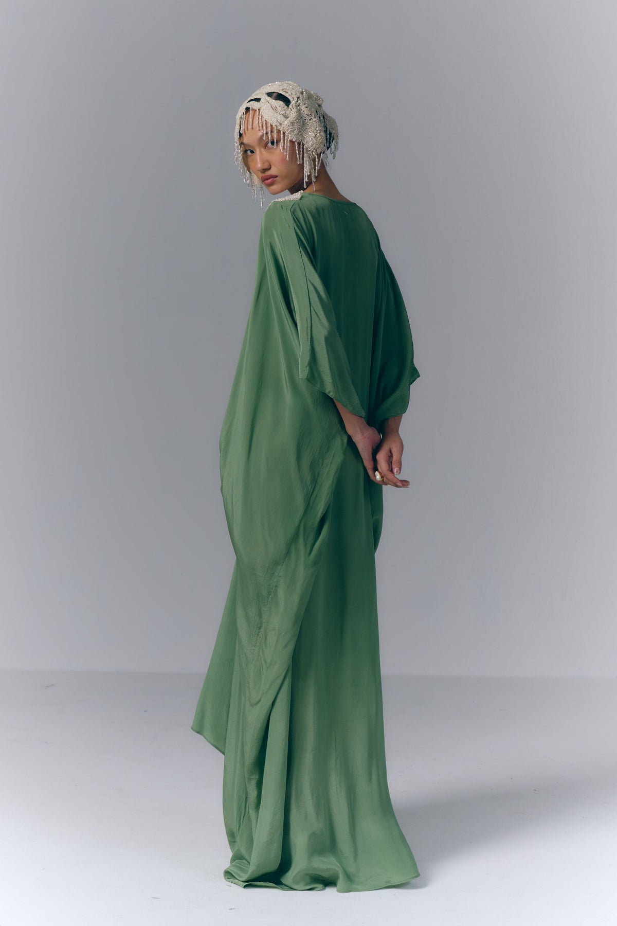 Green Embroidered Draped Kaftan