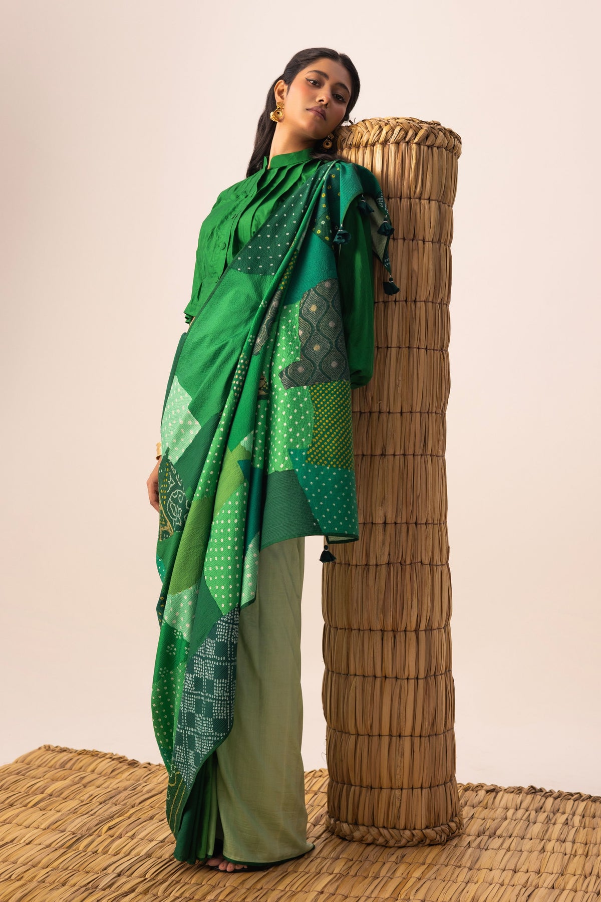 Green Bandhani Patchwork Saree set