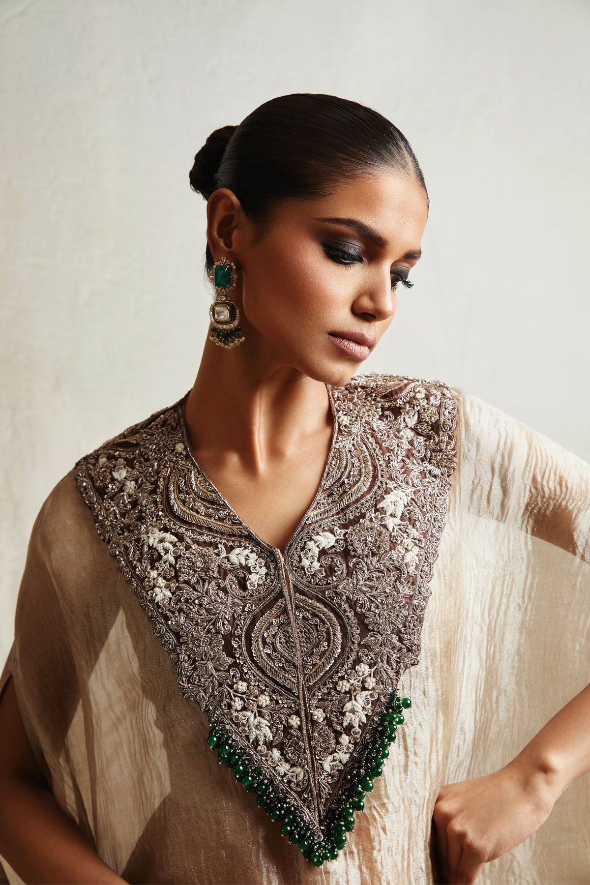 Brown Yoke Crushed V Kaftan Set