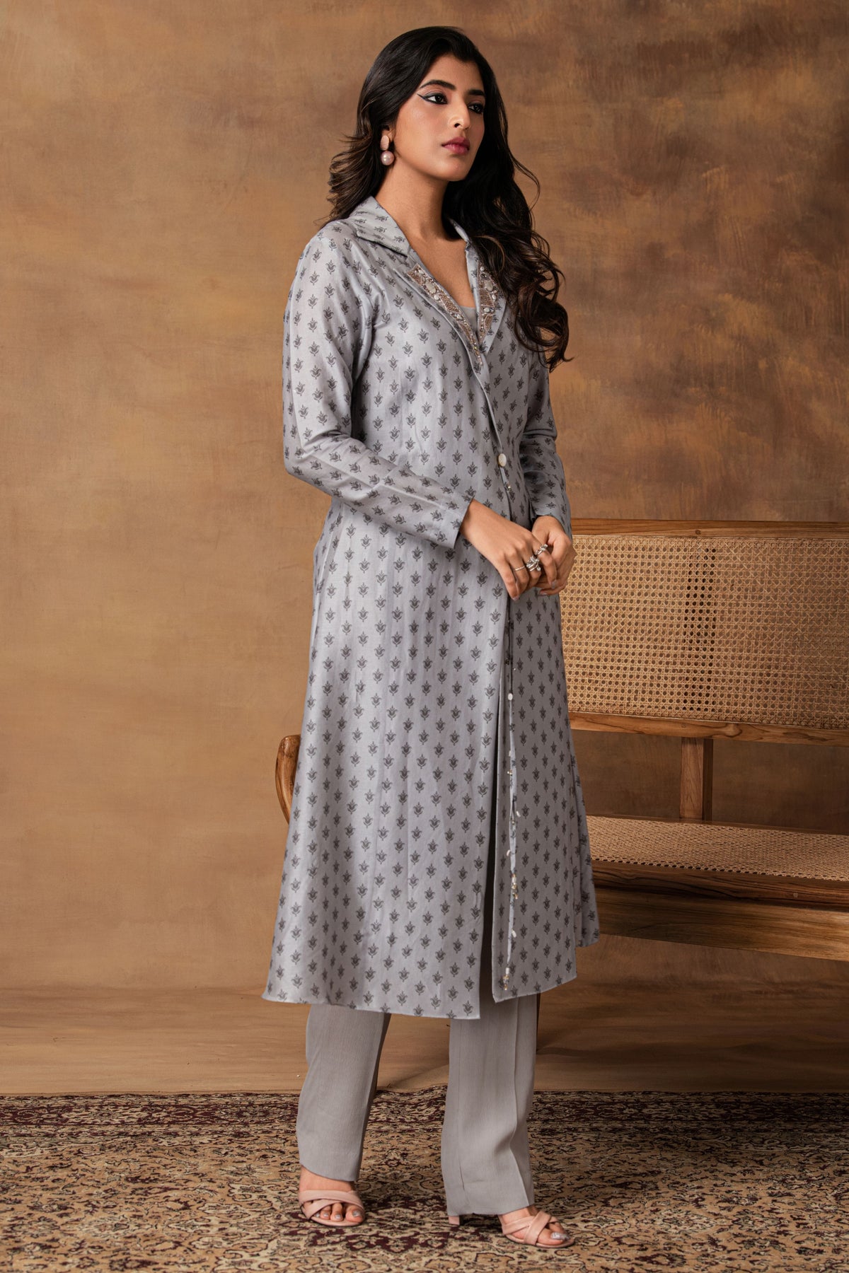 Steel Grey Printed Jacket Set