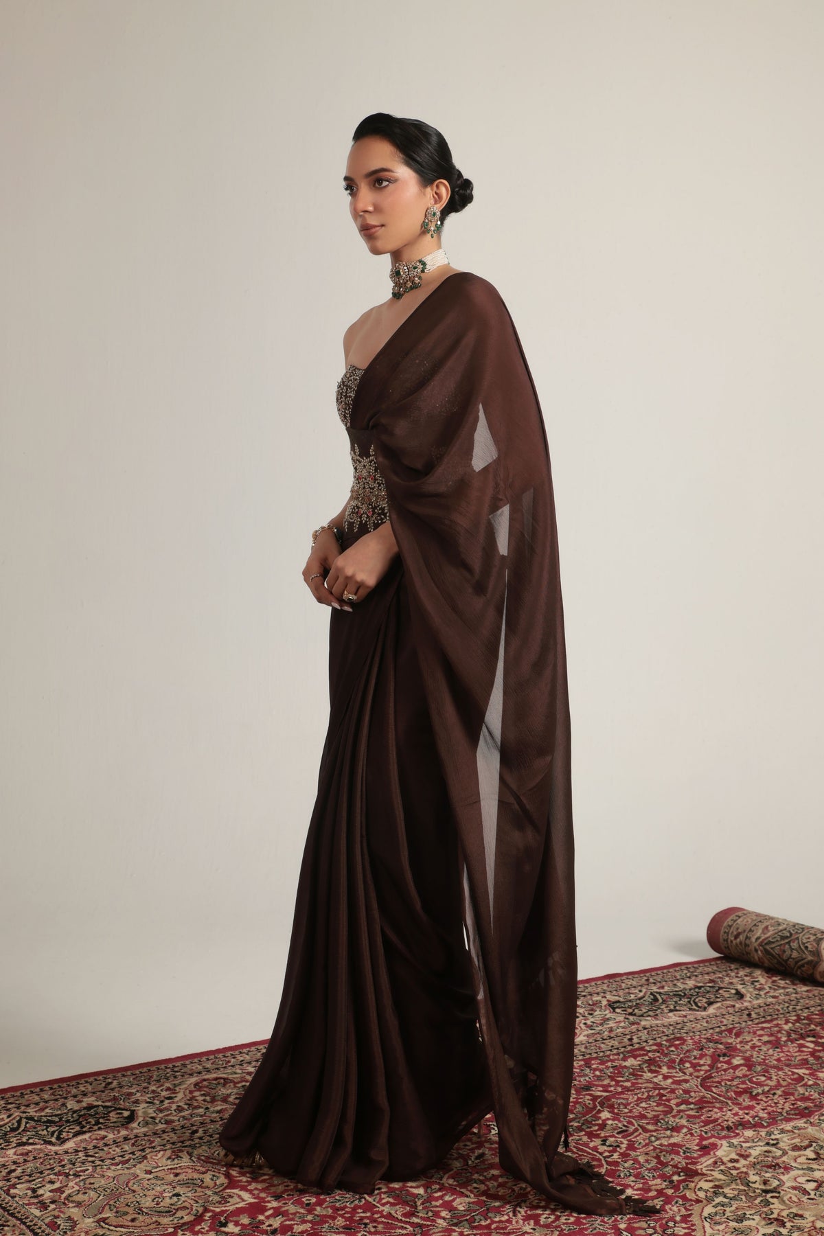Brown Double Corset Saree Set
