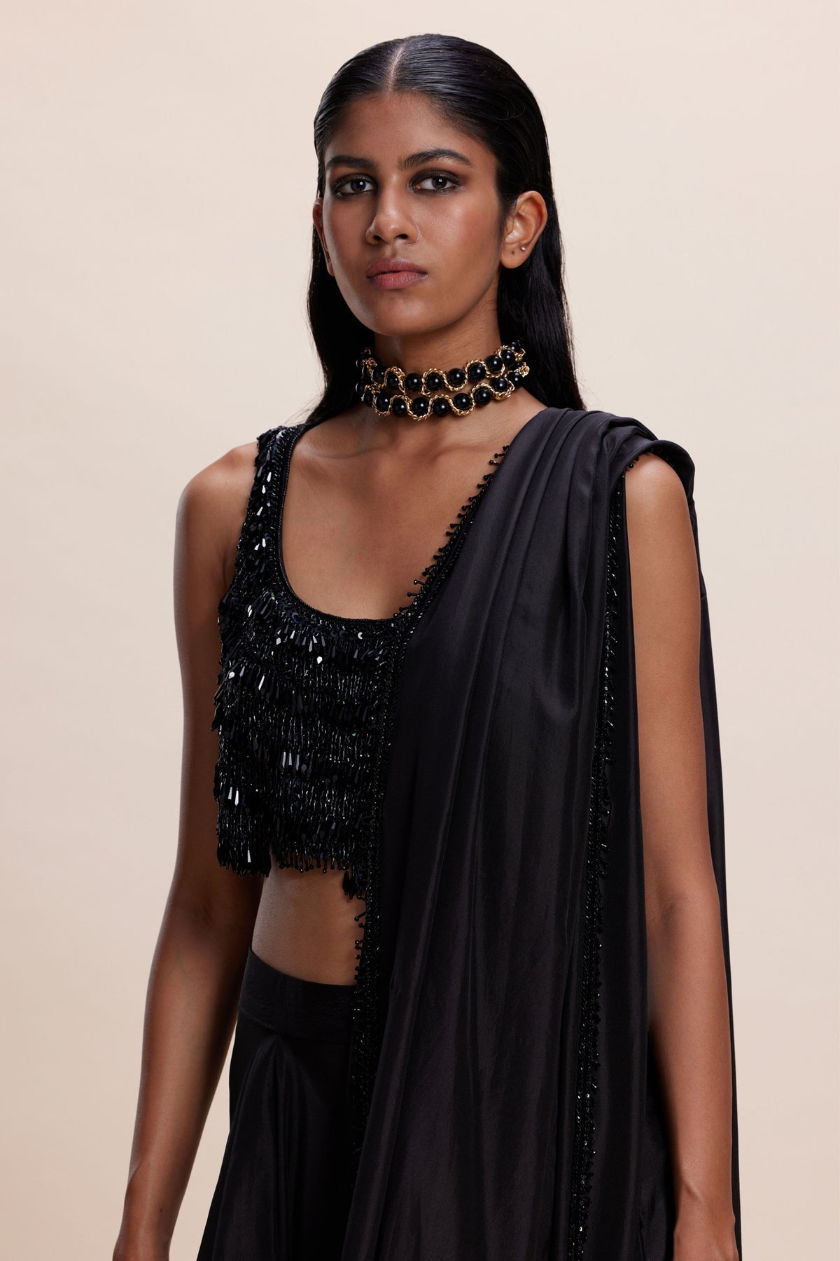 Black Embellished Draped Saree Set