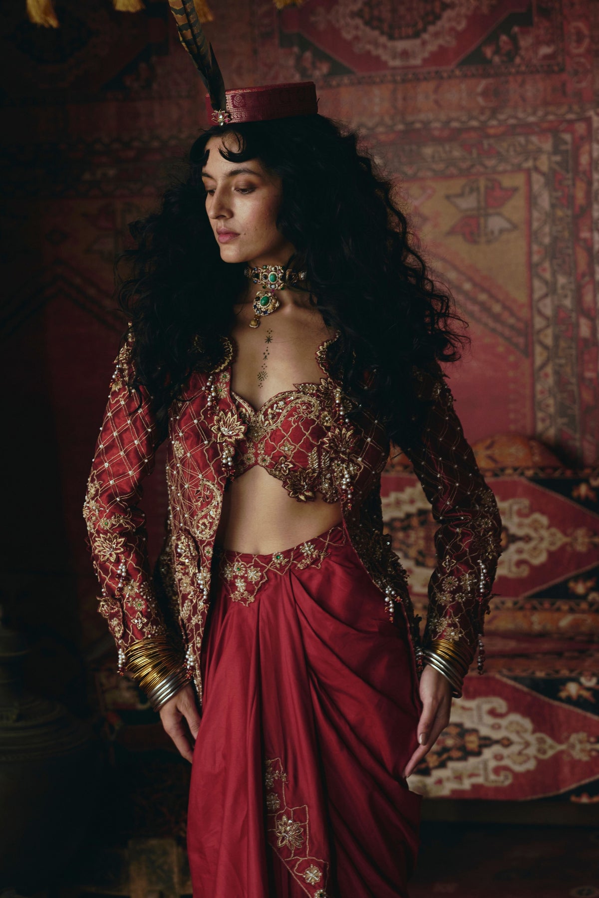 Maroon Drape Skirt Set
