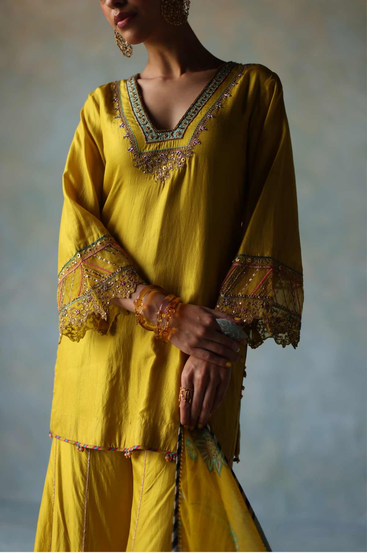 Gul Lime Yellow Silk Sharara Set  