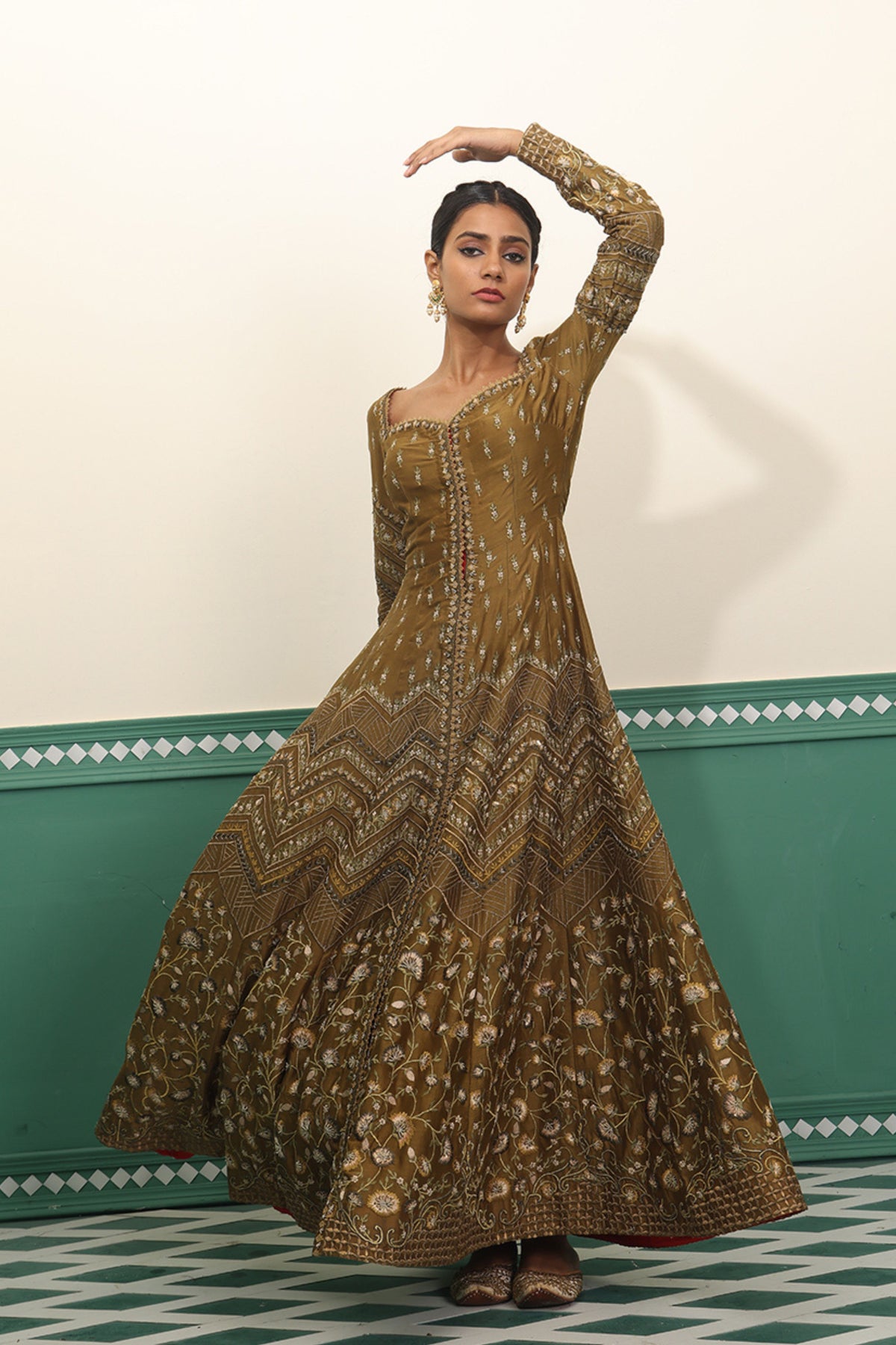 Olive Embroidered Anarkali