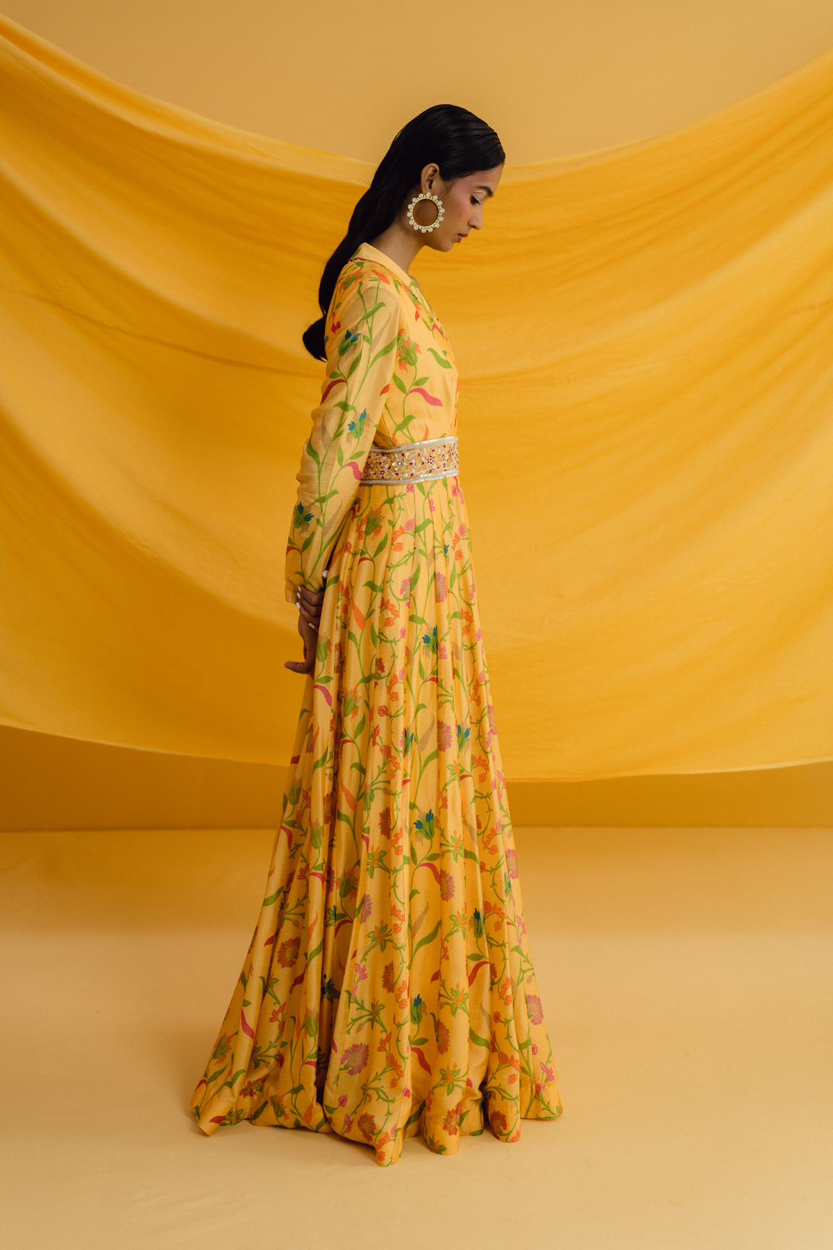 Yellow Mix Print Shawl Collared Maxi