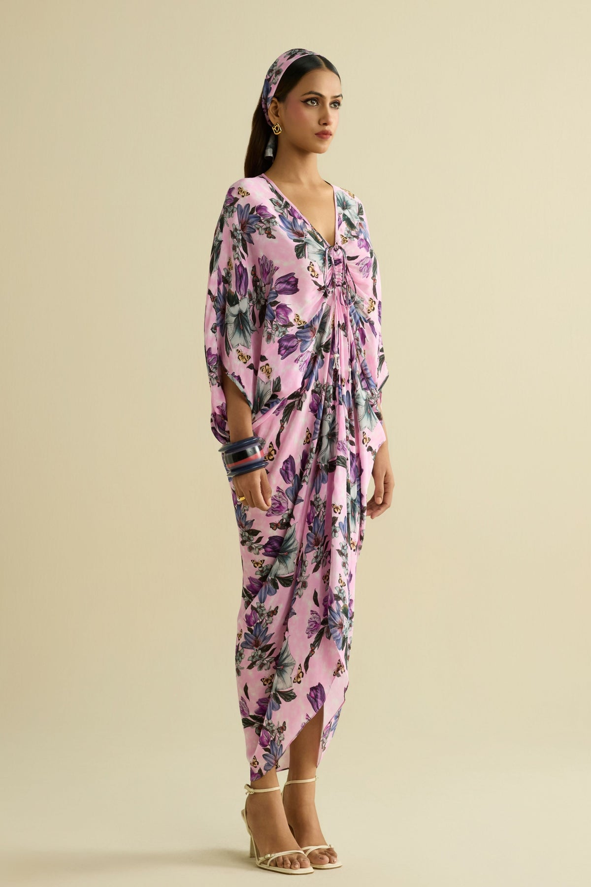 Pink Embroidered Printed Kaftan