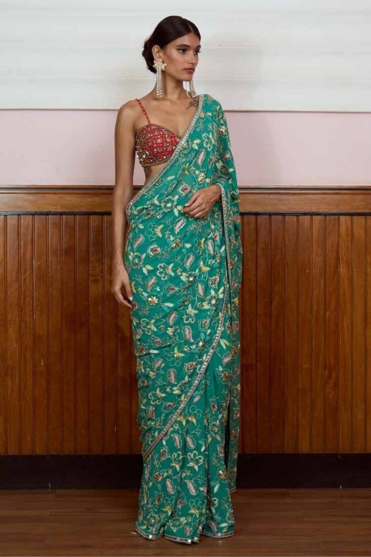 Sadhana Turquoise Red Floral Saree Set