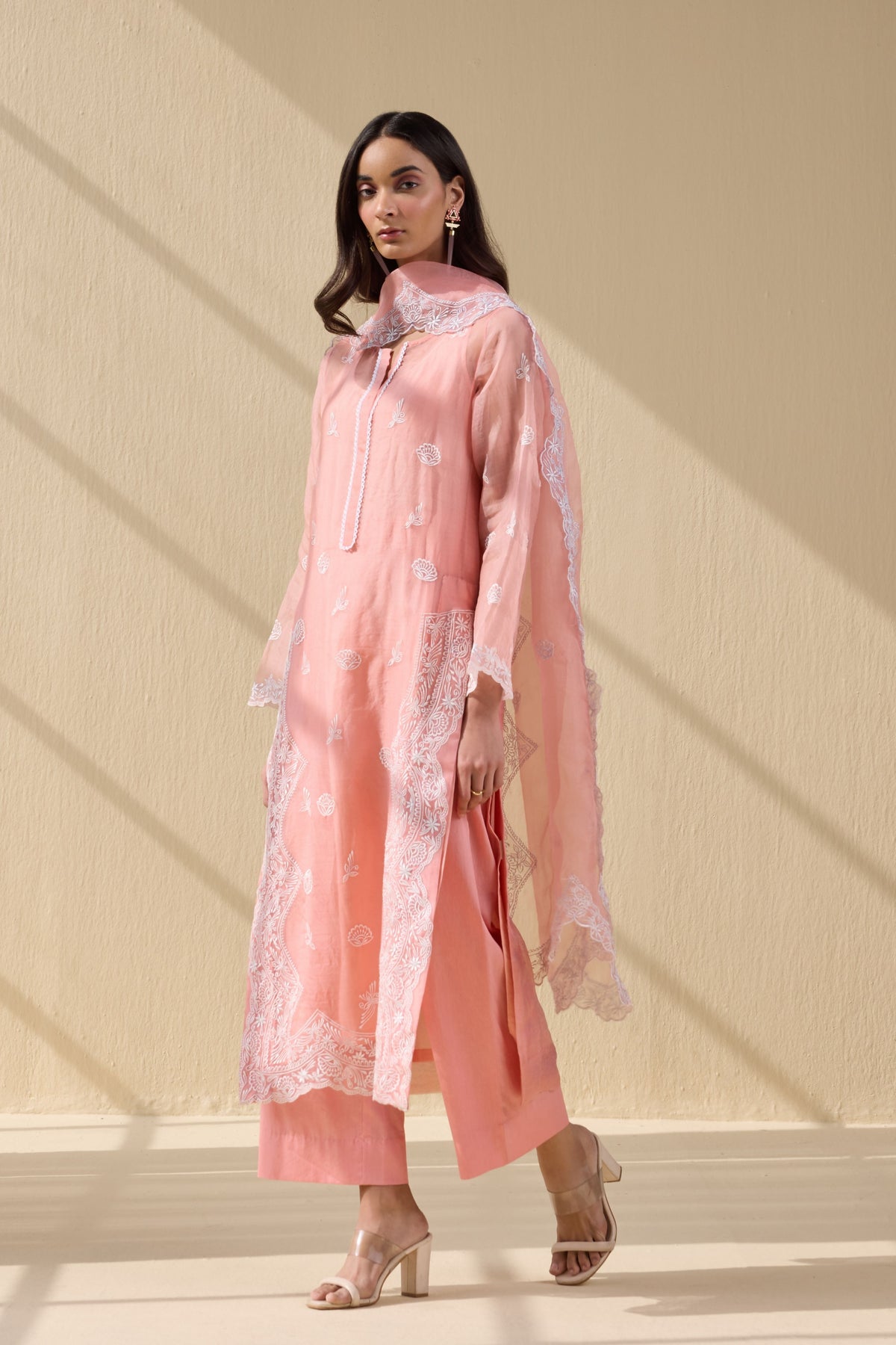 Summer pink Embroidered Organza Suit