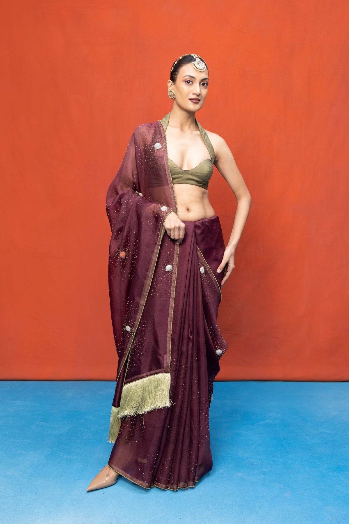 Handwoven Wine Kora Banarasi Saree