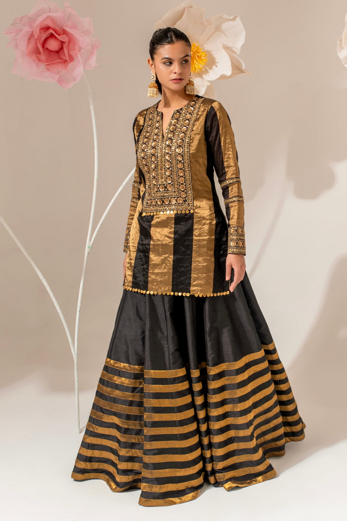 Black Embroidered Kurta Lehenga Set