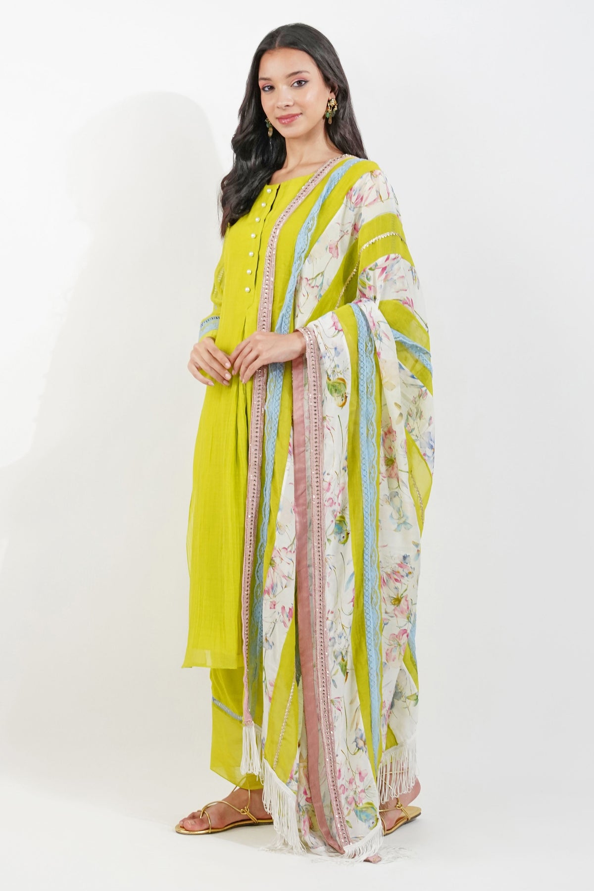 Lime Chanderi Kurta Set