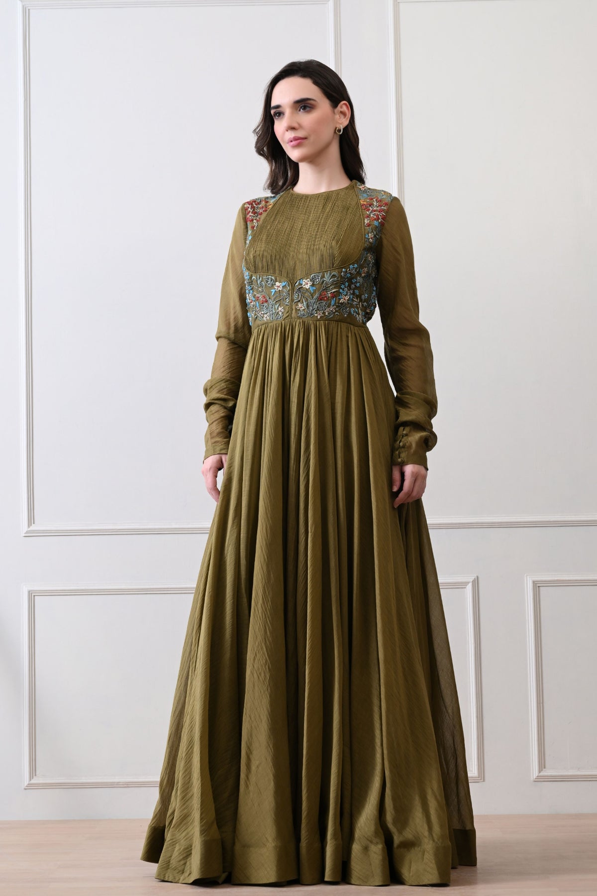Olive Pintuck Bodice Embroidered Anarkali