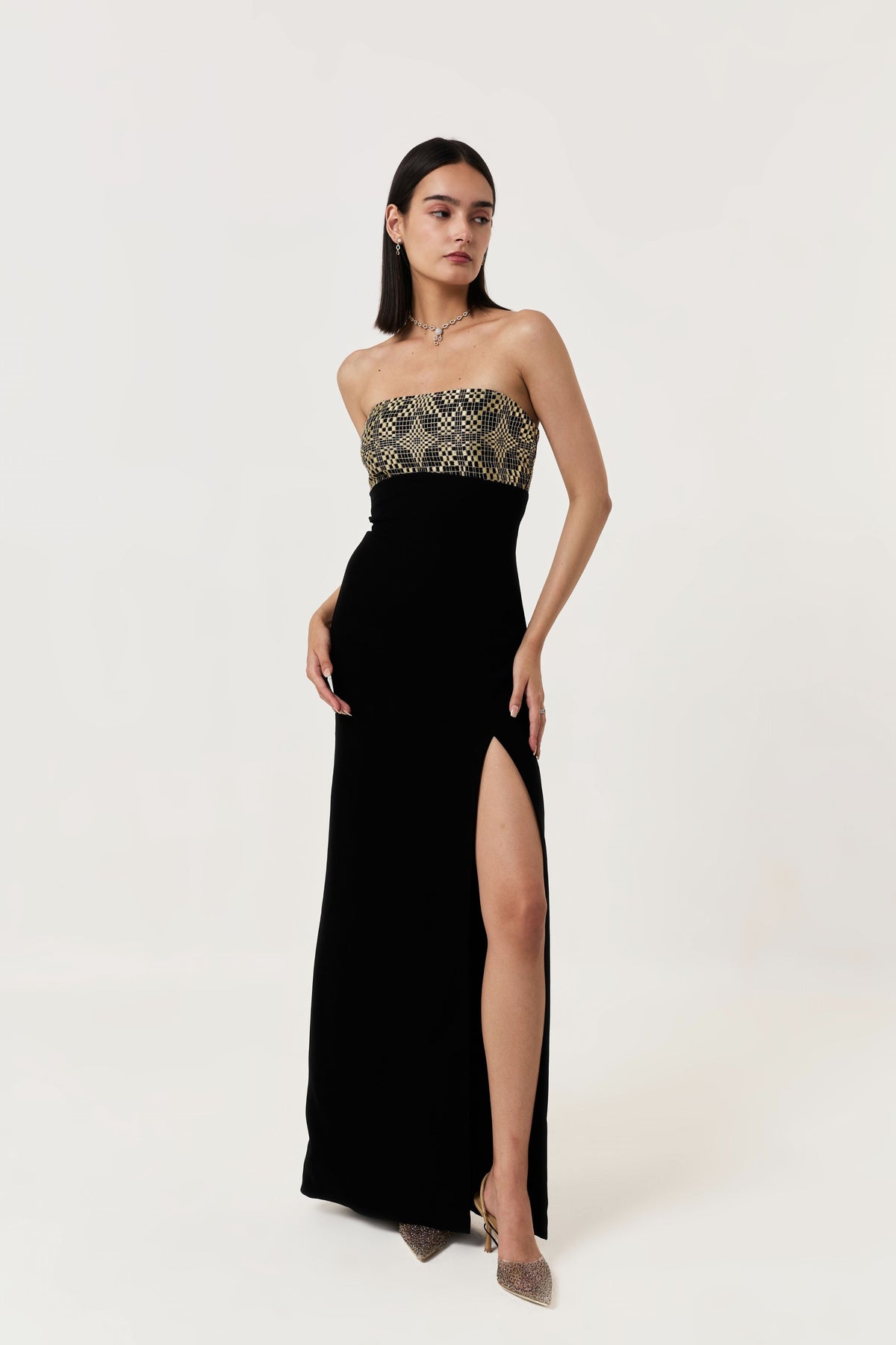 Geometric Dabka Strapless Dress