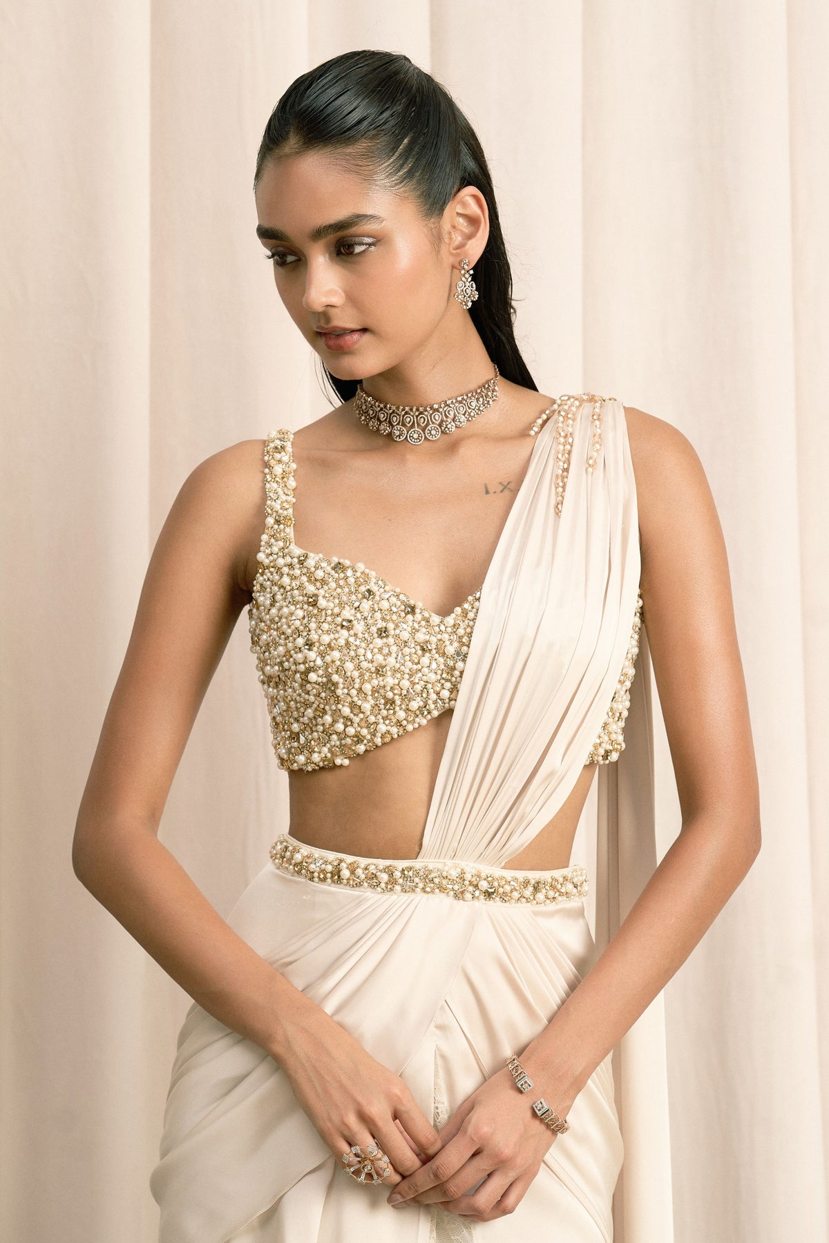 Ivory Embellished Draped Saree Set