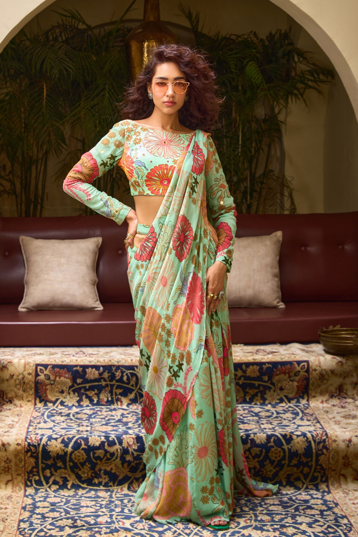 Green Floral Skirt Saree Set