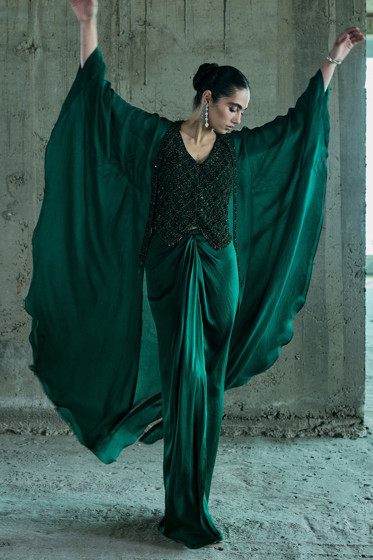 Emerald Crystal Jacket Set With Cape