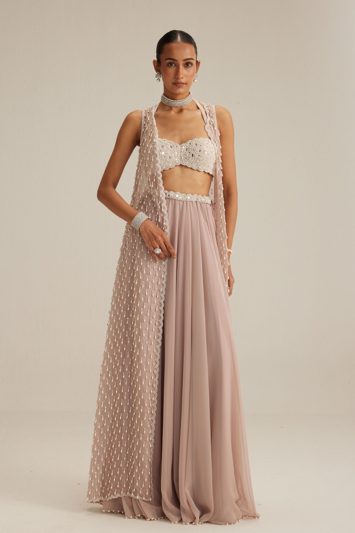 Ash Pink Pearl Drop Jacket Skirt Set